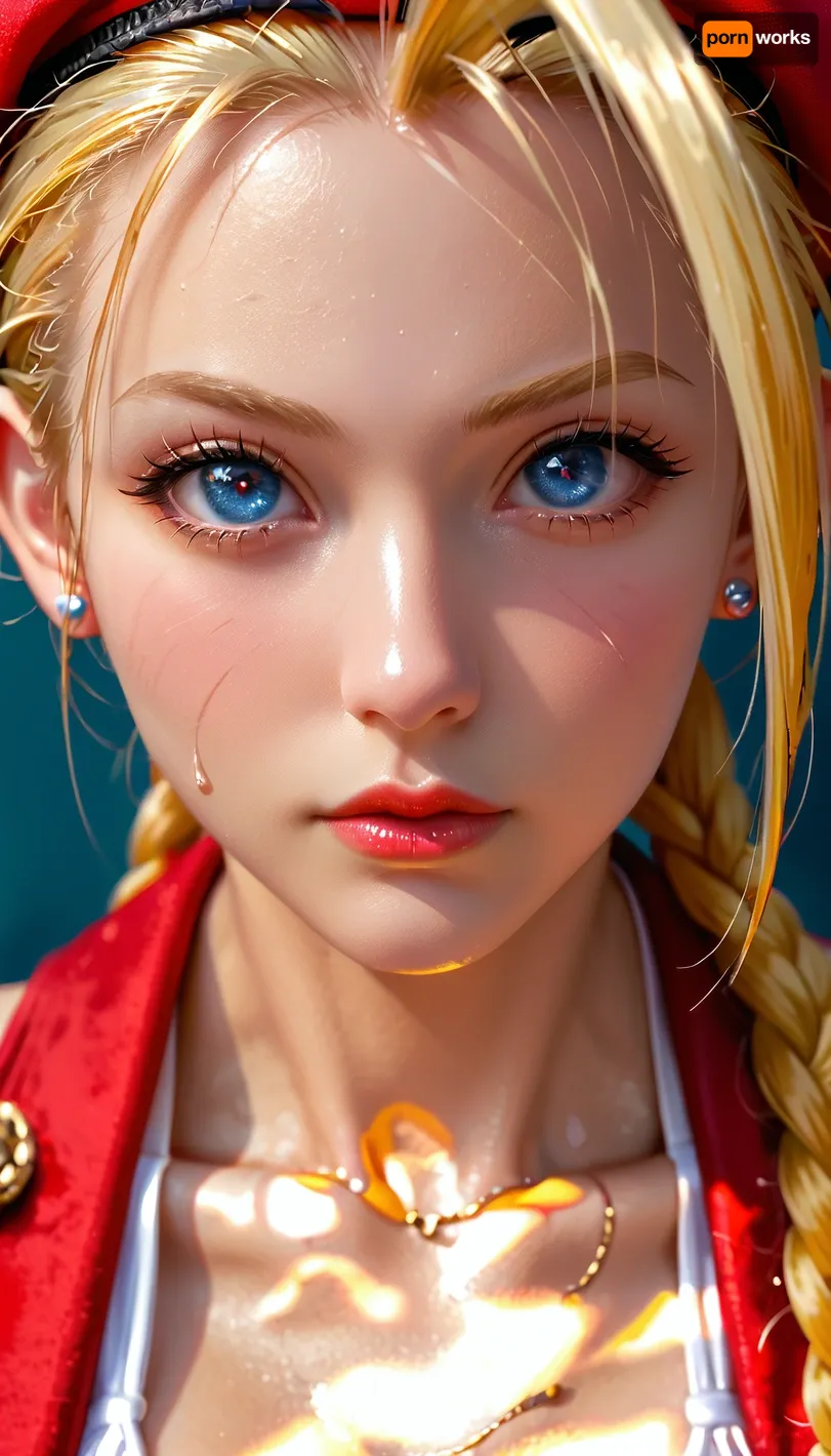 Cammy White from Street fighter, perfect eyes, very detailed face, face close shot, face zoom, (teardrops big detailed breast), in a very busy street, brown skin with tanlines, detailed nipples under top, 4ng3l, face, <lora:SDXL_BetterFaces-LoRA_v1:1.8>
