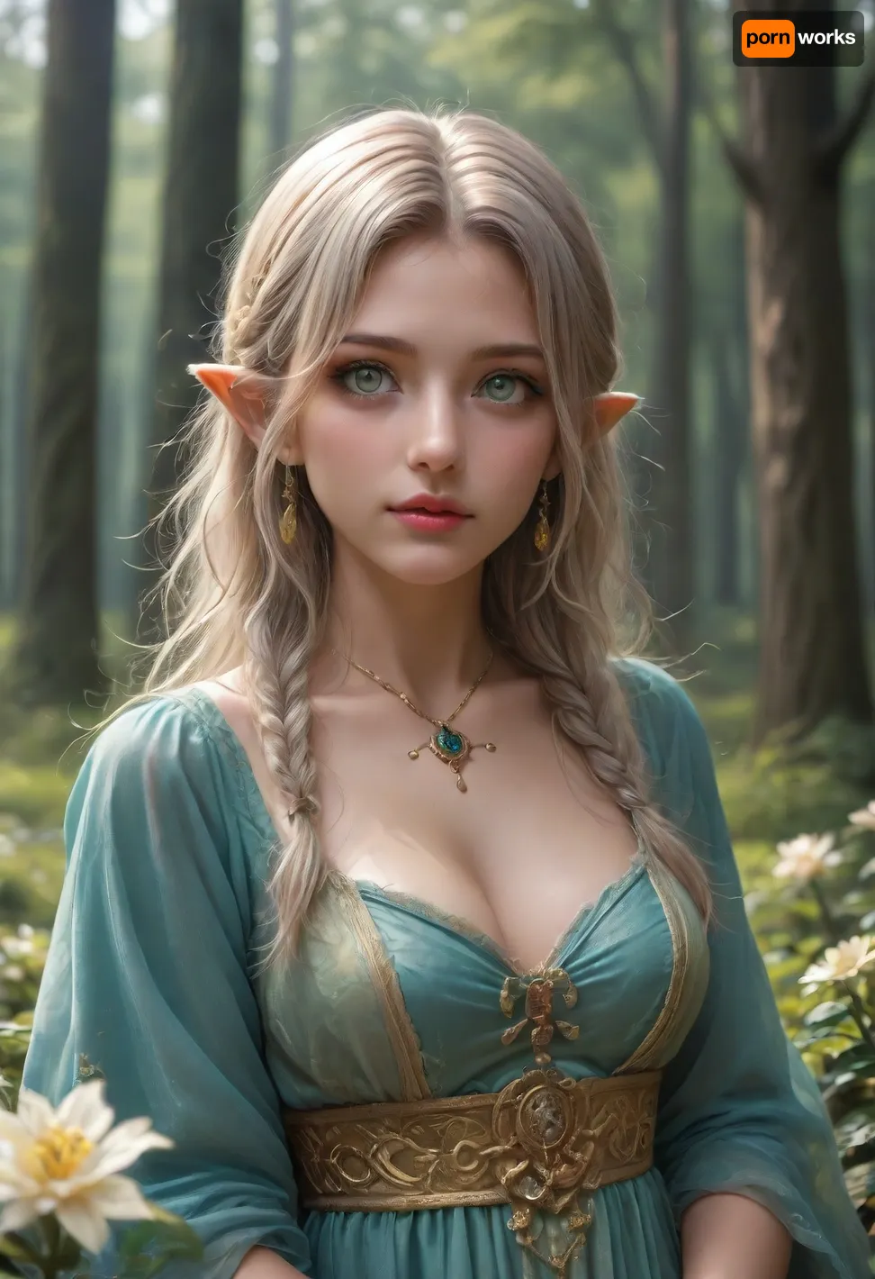score_9, score_8_up, score_7_up, score_6_up, (masterpiece:1.2), (best quality:1.2), ultra detailed, ethereal elven princess, (elven:1.4), intricate silver and emerald royal gown, delicate leaf-like embroidery, flowing gossamer fabric, mystical forest background, ancient trees with soft bioluminescent moss, magical light filtering through canopy, depth of field, fantasy art style, elegant elven dress, silver filigree details, flowing silhouette, long silvery-white hair, delicate braids, natural woodland flowers woven through, (elvish, pointy elvish ears, pointy ear, sharp ears:1.2), , luminous pale skin, high cheekbones, piercing eyes, subtle ethereal makeup, misty forest, ancient trees, soft magical ambient lighting, floating firefly-like light particles, high fantasy, soft focus, cinematic lighting, detailed textures, inspired by Artgerm and Alphonse Mucha, hyper realistic, sharp details, 8k resolution, soft bokeh effect, Zip2D, SK_DigitalArt, <lora:SDXLFaeTastic2400:1>