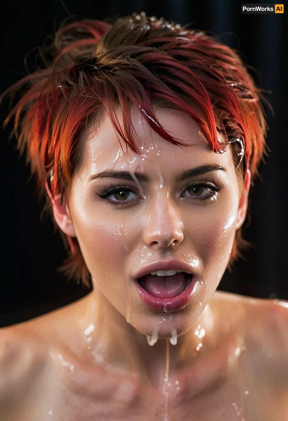 score_9, score_8_up, score_7_up, score_6_up, poprtrait, tight, orgasm face, horny, sexy, nice white teeth, (dark wet tiny lips), red short messy hair, semen in her tongue, semen dripping, dark background, soft light, woman, cum, on, face, <lora:JustCum:1>