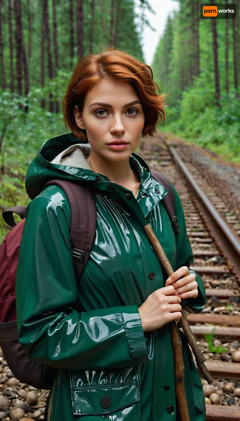 Close-up, woman, Age 33, Nastya, European appearance Round face, arched oily eyebrows, natural eyelashes, round eyes, potato nose, large mouth, large full lips, dimples on cheeks, mole above the upper lip from the left, square cheekbones, dimple on the chin, Short haircut, red-haired, small breasts, Nina was wrapped in a raincoat jacket, an old gray sweater was almost not warm, dirty pants were soaked, a backpack hung on her back, her face was dirty from soot. Suspicious look, a stick in her hand, Nina was walking along the railway, An abandoned railway in the forest, 8k, realistic, vray, HDR, 6000K, in a post-apocalyptic forest, faded road sign, fallen trees, overgrown railway., environment SZ_4po, <lora:oversized_coat-10:.5>, <lora:workTrousers:.5>, <lora:PostApocalyptic_v4:.6>