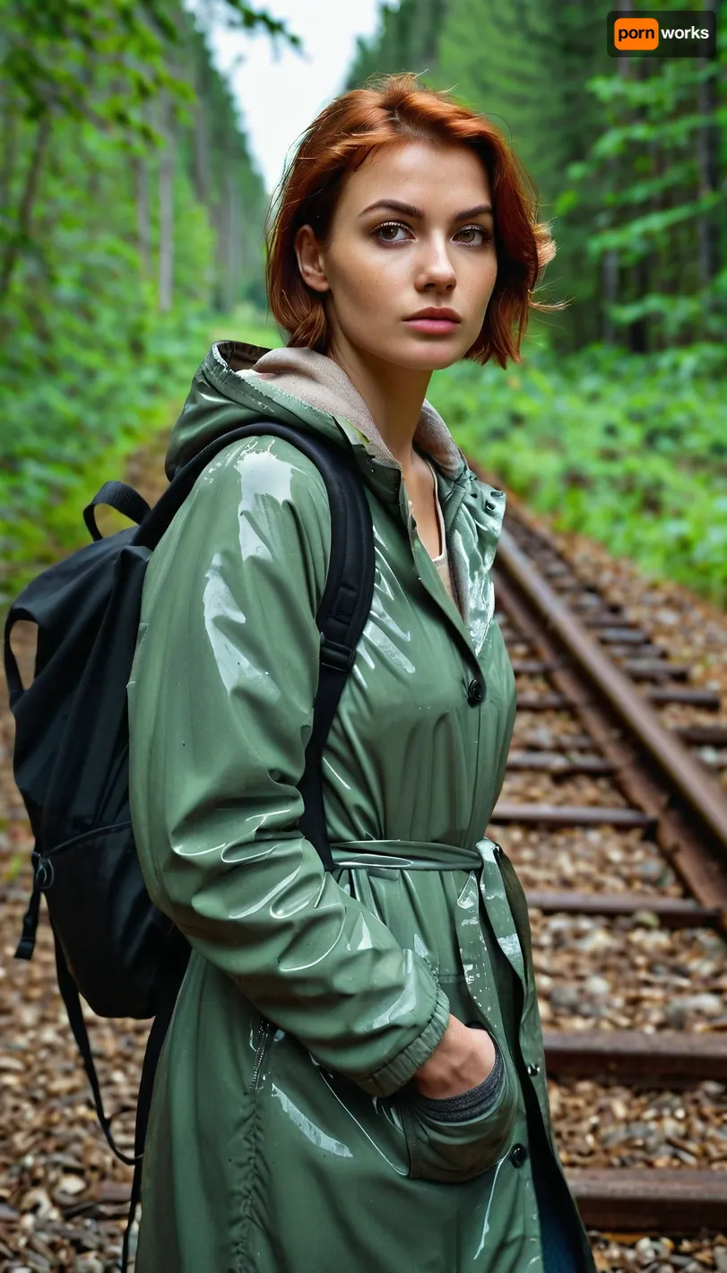 Close-up, woman, Age 33, Nastya, European appearance Round face, arched oily eyebrows, natural eyelashes, round eyes, potato nose, large mouth, large full lips, dimples on cheeks, mole above the upper lip from the left, square cheekbones, dimple on the chin, Short haircut, red-haired, small breasts, Nina was wrapped in a raincoat jacket, an old gray sweater was almost not warm, dirty pants were soaked, a backpack hung on her back, her face was dirty from soot. Suspicious look, a stick in her hand, Nina was walking along the railway, An abandoned railway in the forest, 8k, realistic, vray, HDR, 6000K, in a post-apocalyptic forest, faded road sign, fallen trees, overgrown railway., environment SZ_4po, <lora:oversized_coat-10:.5>, <lora:workTrousers:.5>, <lora:PostApocalyptic_v4:.6>