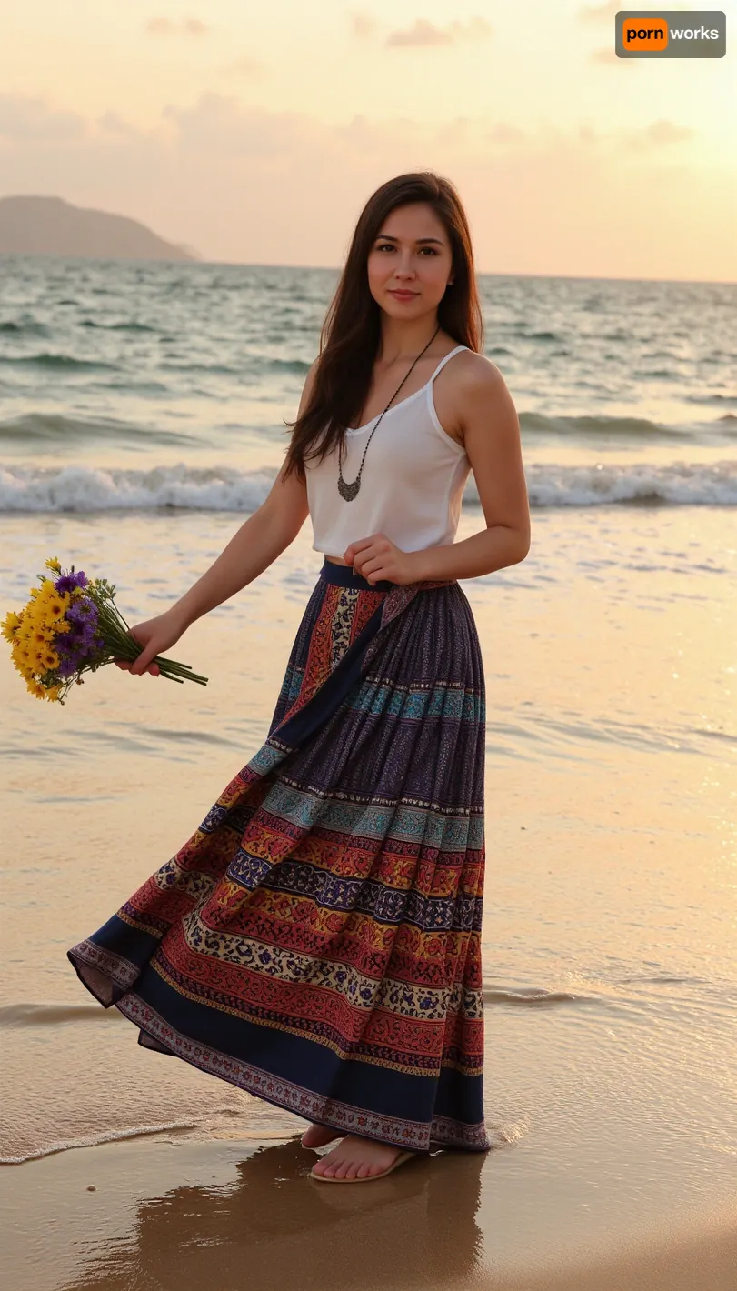 A stunning 25-year-old Turkish girl standing at the shoreline, where the vast, azure sea kisses the golden sands. With her back slightly turned to the camera, she faces the horizon, where the sun is setting in a symphony of oranges and pinks, casting a warm, ethereal glow on her figure and the surrounding landscape. Her raven hair, adorned with loose waves, flows gently in the coastal breeze. She is dressed in a vibrant, floor-length skirt that flutters around her ankles, revealing a pair of sandals that are almost buried in the sand. The skirt, a mix of deep blues and intricate patterns reminiscent of traditional Turkish tapestry, complements the sea's color palette. Above, she wears a simple white blouse, unbuttoned at the top to expose a delicate necklace that mirrors the ocean's sparkle. Her skin, kissed by the sun, exudes a natural beauty that is both captivating and mysterious. In one hand, she holds a bouquet of freshly picked wildflowers, their colors popping against the serene backdrop. The sea stretches out before her, its surface a canvas of shimmering light reflecting the sky's fiery transformation. The girl's posture is one of quiet contemplation, her eyes fixed on the distant line where the sea meets the heavens. Her reflection in the wet sand is a mere echo of her beauty, as if the earth itself is in awe of her presence. The serene scene is framed by the silhouettes of tall palm trees swaying in the background, whispering secrets to the evening air. The overall composition exudes a sense of tranquility and grace, as the beauty of the young woman becomes one with the majesty of the sea and the unspoken poetry of the setting sun