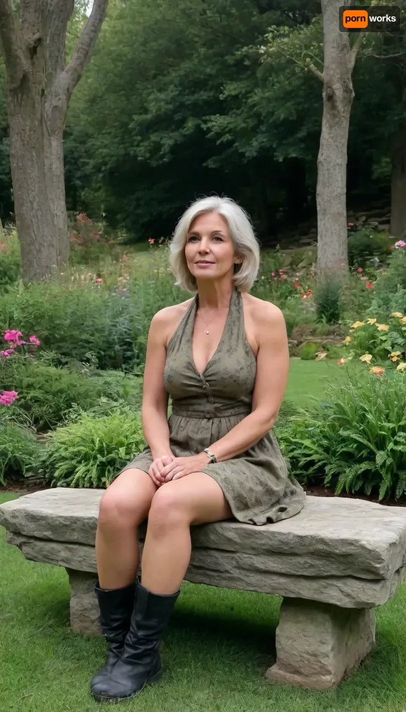 The image shows a rustic stone bench set on two stone supports. It is situated on a grassy area, surrounded by vibrant greenery and flowering plants, creating a natural and peaceful garden setting.
She is aged 60 years old, her age is 60 years old, a GILF.
She is fully clothed. She is wearing a Parka styled coat which is unbuttoned. She is wearing a Halter style dress. 