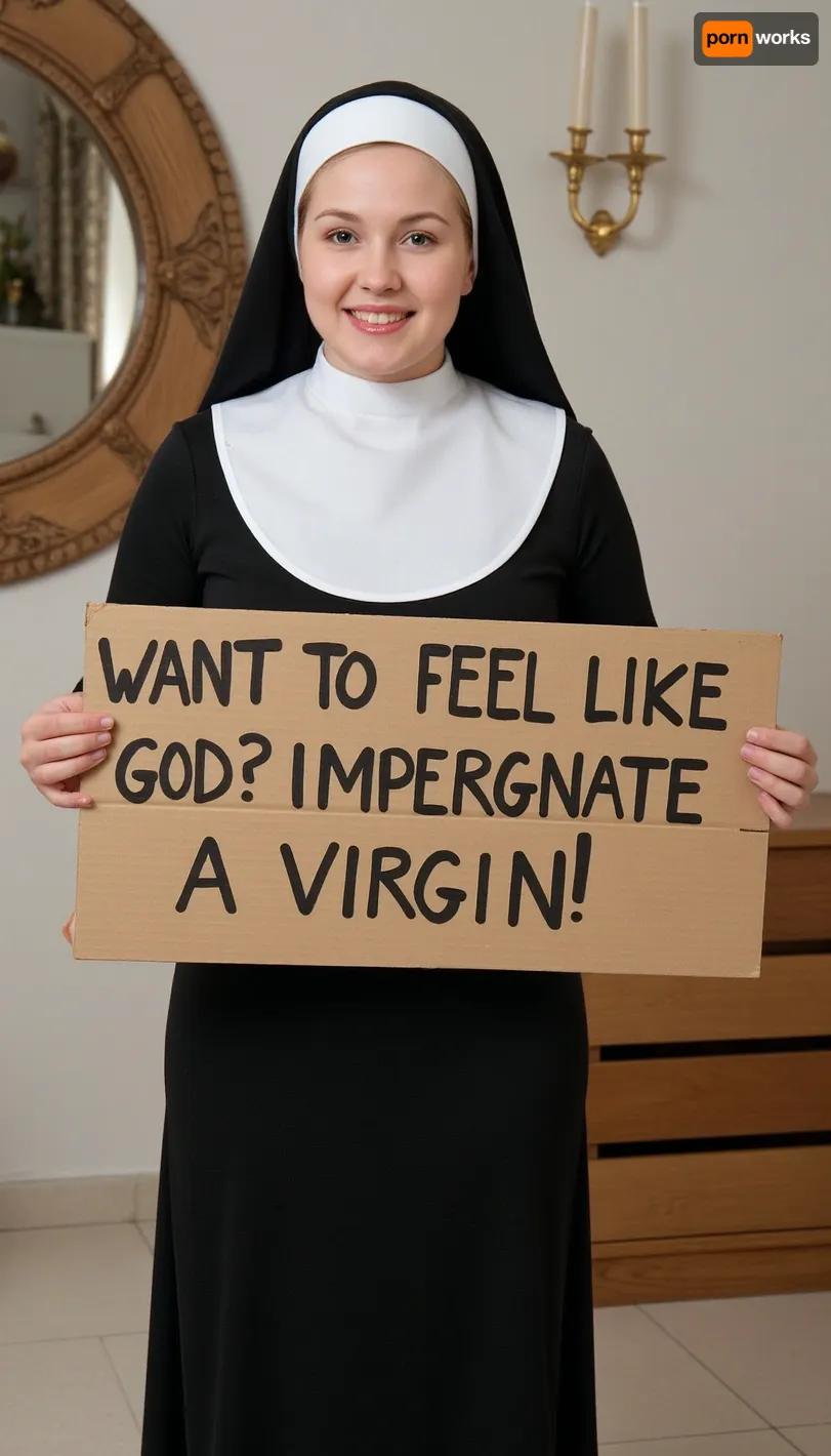 A 19 year old woman, (((petite))), blonde hair, dressed as a nun, nuns habit, standing in a nunery, holding a handmade sign "WANT TO FEEL LIKE GOD? IMPREGNATE A VIRGIN!".