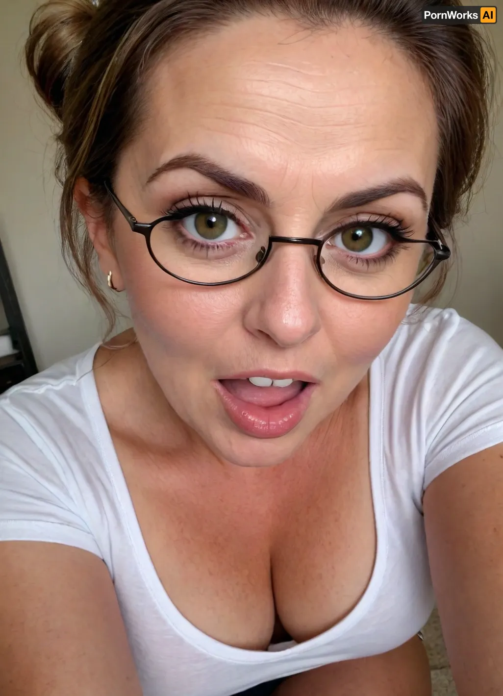 (1gilf:1.3), exotic Mature woman, 65 years old housewife, (exotic), black hair in a ponytail, (olive skin tone:1.3), (fat round face), glasses, double chin, detailed hair, messy hair, disheveled hair, ((wearing a tight white v-neck t-shirt)), cleavage, flirty, flirting, seductive stare, looking at viewer, intense eye contact with viewer, orgasm eyes, horny, sexy, lipstick, beautiful eyes, green eyes, realistic eyes, detailed eyes, (big eyes:1.2), (open eyes), beautiful face, wrinkles, hoop earrings, super realistic, skin stretch, dark circles under eyes, plump lips, full lips, big juicy lips, old skin, wet lips, wet moisture, spots with skin marks, detailed skin, (open mouth:1.4), orgasm face, orgasm, screaming, scream, cumming, edgOrgasm_face, selfie picture, view from below, bottom to top view, picture from bottom to top, riding, best quality, downblouse, nipslip, braless, no, bra, <lora:RealDownblouseXL2:.5>, <lora:braless-000007:.5>