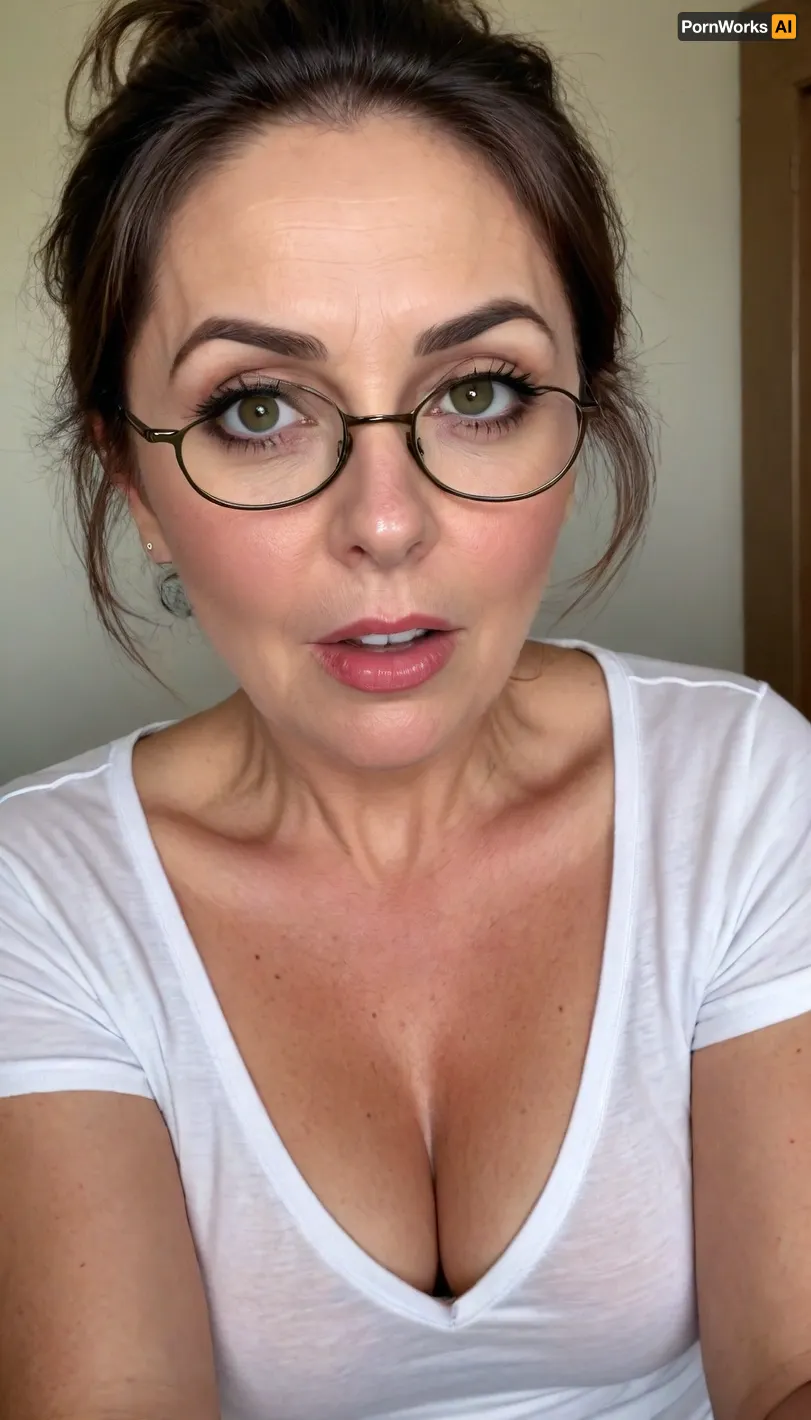 (1gilf:1.3), exotic Mature woman, 65 years old housewife, (exotic), black hair in a ponytail, (olive skin tone:1.3), (fat round face), glasses, double chin, detailed hair, messy hair, disheveled hair, ((wearing a tight white v-neck t-shirt)), cleavage, flirty, flirting, seductive stare, looking at viewer, intense eye contact with viewer, orgasm eyes, horny, sexy, lipstick, beautiful eyes, green eyes, realistic eyes, detailed eyes, (big eyes:1.2), (open eyes), beautiful face, wrinkles, hoop earrings, super realistic, skin stretch, dark circles under eyes, plump lips, full lips, big juicy lips, old skin, wet lips, wet moisture, spots with skin marks, detailed skin, (open mouth:1.4), orgasm face, orgasm, screaming, scream, cumming, edgOrgasm_face, selfie picture, view from below, bottom to top view, picture from bottom to top, riding, best quality, downblouse, nipslip, braless, no, bra