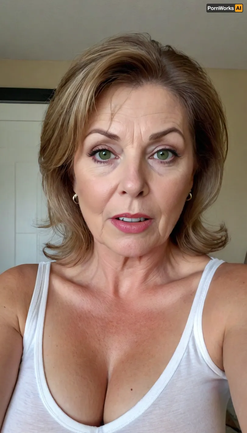 (gilf:1.6), exotic Mature woman, 75 years old housewife, (exotic), auburn hair in a ponytail, glasses, (olive skin tone:1.3), (chubby round face), (double chin), detailed hair, messy hair, disheveled hair, ((wearing a tight white v-neck t-shirt)), cleavage, flirty, flirting, seductive stare, looking at viewer, intense eye contact with viewer, orgasm eyes, horny, sexy, lipstick, beautiful eyes, (green eyes), realistic eyes, detailed eyes, (big eyes:1.2), (open eyes), beautiful face, wrinkles, hoop earrings, super realistic, skin stretch, dark circles under eyes, plump lips, full lips, big juicy lips, old skin, wet lips, wet moisture, spots with skin marks, detailed skin, (open mouth:1.4), orgasm face, orgasm, screaming, scream, cumming, edgOrgasm_face, selfie picture, view from below, bottom to top view, picture from bottom to top, riding, best quality