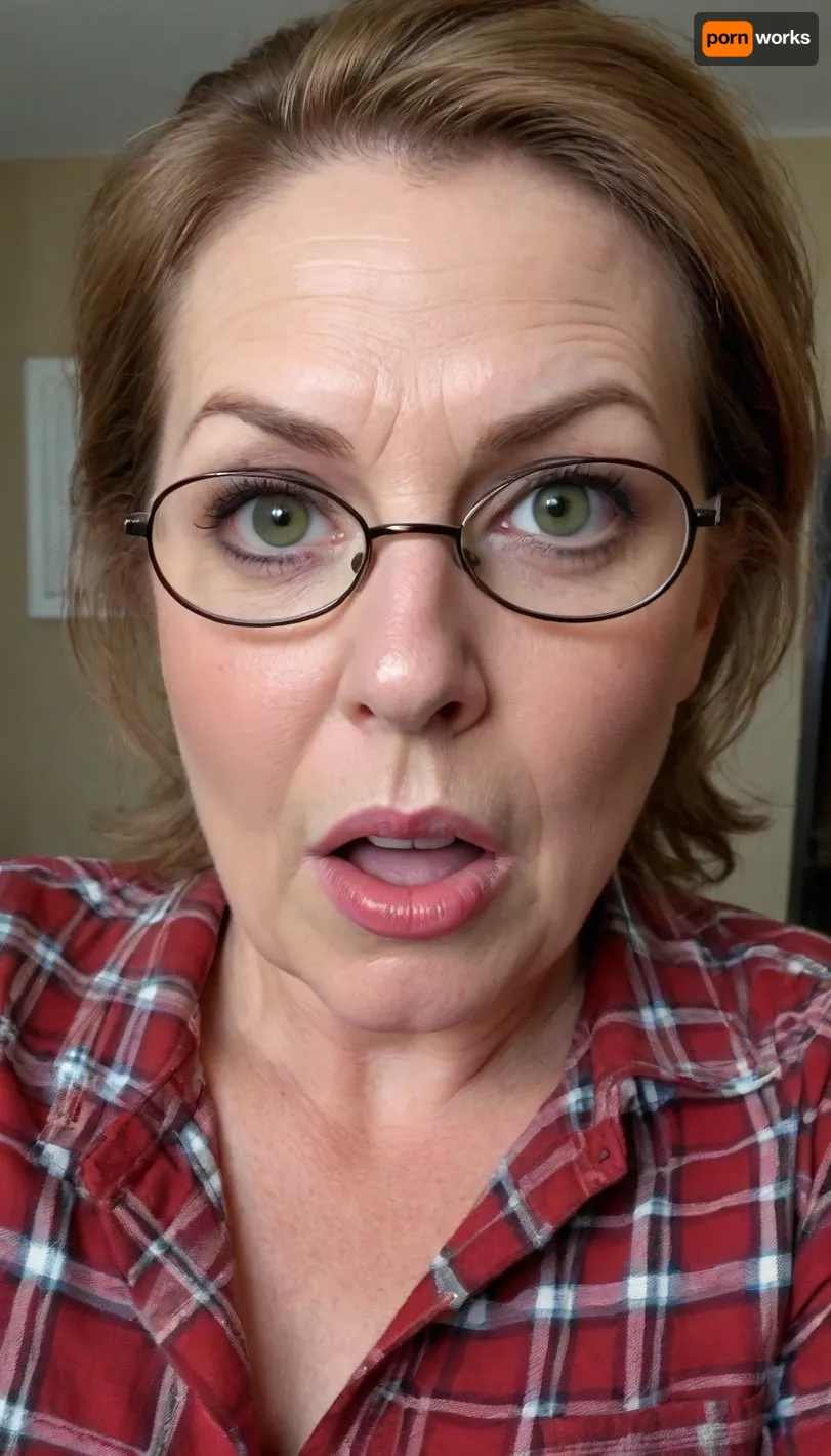 (gilf:1.6), exotic Mature woman, 75 years old housewife, (exotic), auburn hair in a ponytail, (glasses), (olive skin tone:1.3), (chubby round face:1.3), (double chin:1.2), detailed hair, messy hair, disheveled hair, ((wearing a tight plaid flannel shirt)), cleavage, flirty, flirting, seductive stare, looking at viewer, intense eye contact with viewer, orgasm eyes, horny, sexy, lipstick, beautiful eyes, (green eyes), realistic eyes, detailed eyes, (big eyes:1.2), (open eyes), beautiful face, wrinkles, hoop earrings, super realistic, skin stretch, dark circles under eyes, plump lips, full lips, big juicy lips, old skin, wet lips, wet moisture, spots with skin marks, detailed skin, (open mouth:1.4), orgasm face, orgasm, screaming, scream, cumming, edgOrgasm_face, selfie picture, view from below, bottom to top view, picture from bottom to top, riding, best quality