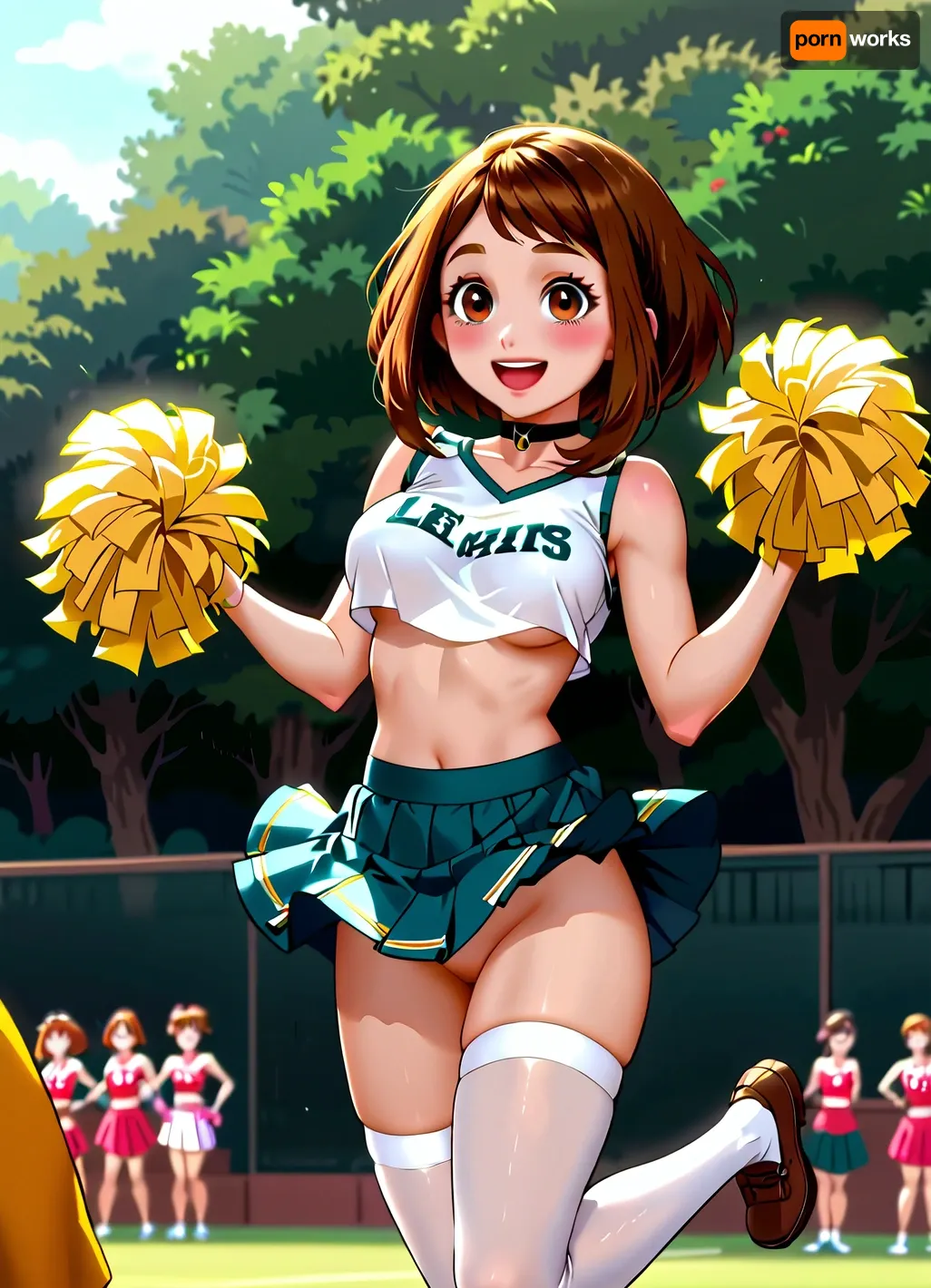uraraka ochako, 1girl, brown hair, eyes, short, blush, cheerleader, crop top, choker, white stockings, no panties, (areolae slip, underboob), no bra, smile, jumping, dynamic pose, (((skirt lift, top lift))), ((anime screencap, 2d)), <lora:OchakoIllus:1>, <lora:princess_xl_v2:1.2>