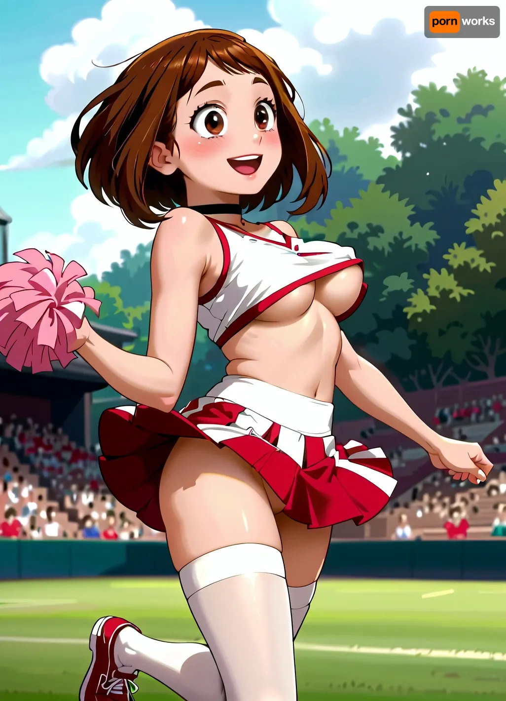 Ein charmanter Lift: uraraka ochakos spielerischer Cheerleadersprung in anime screencap