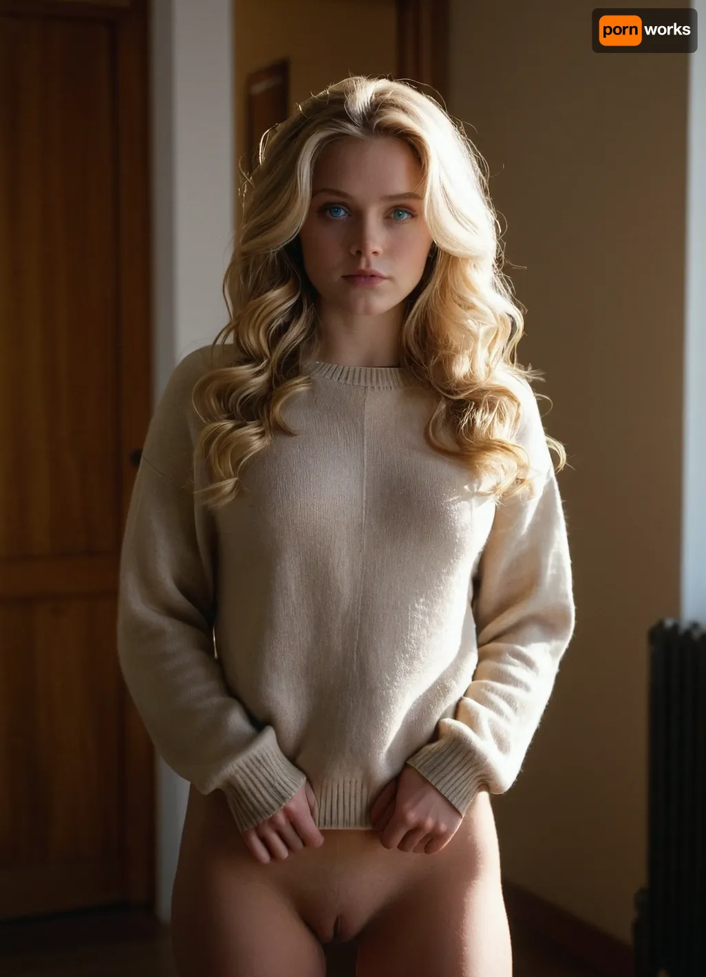 1girl, solo, sweater, pussy, blonde_hair, wavy_hair, realistic, bottomless, looking_at_viewer, blue_eyes, clothes_lift, long_hair, standing, parted_lips, uncensored, lips, lifted_by_self, indoors