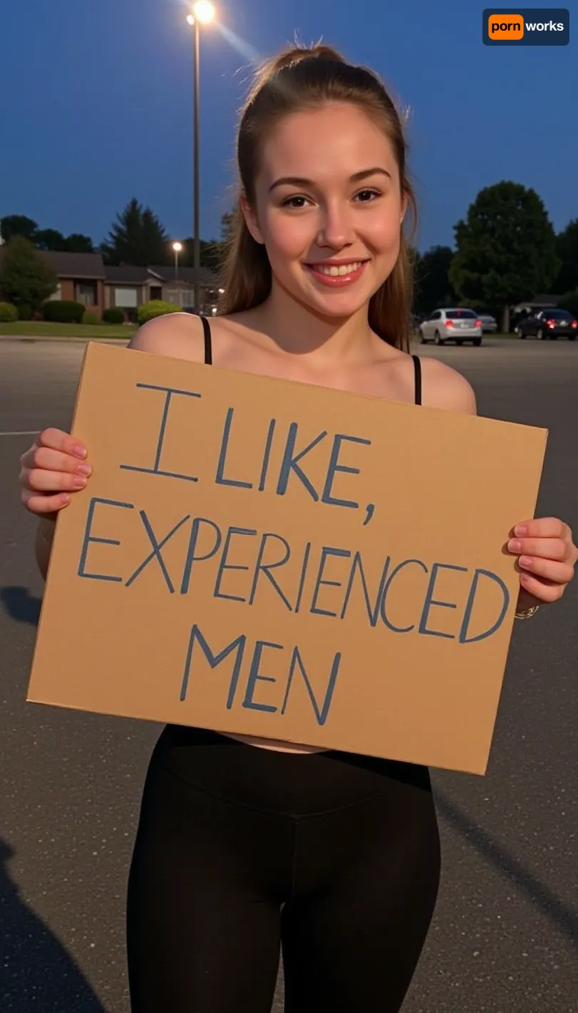 Graceful, pretty, 21 year old woman, cute face, ponytail, sexy, leggings, tanktop, standing in a parking lot, in the evening, in the light of a spotlight, holding a handmade sign with text "I LIKE EXPERIENCED MEN".