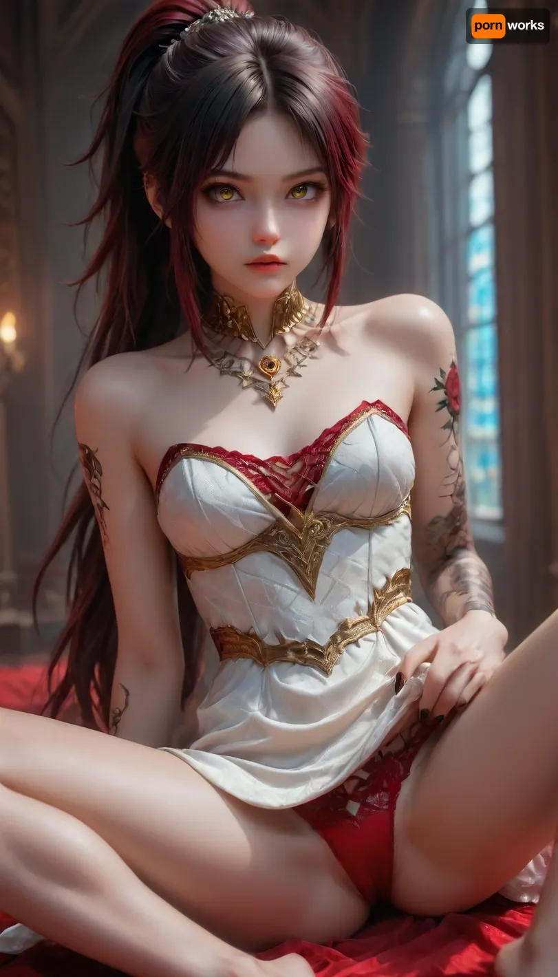 (armor white Dress, Gold jewelry on the neck), (red lace panties), (long hair ponytail), (Ruby Rose Hairstyle), (oval shape head), (round head), (high cheekbones), (beautiful face), (strong jawline), (Beautiful shining yellow eyes), (almond-shaped eyes), (long lashes), (tin eyebrows), ((full lips), (170cm high), ((edgy style), (dark nails), (tattoos), (tattoos 50% body), (small elastic breasts), (very slim body), (perky breasts), (flat stomach), (small ass), (round ass), (firm ass), (spread toned legs), (lean legs), (feminine legs), (well-defined feet))), (Against the background of Gothic cathedral), F41Arm0rXL, <lora:EnvyZoomSliderXL01:.1>, <lora:dAIversityLoRASDXL-PhotoSemiReal:2>, <lora:Fae_Armor_XL-000008:1>