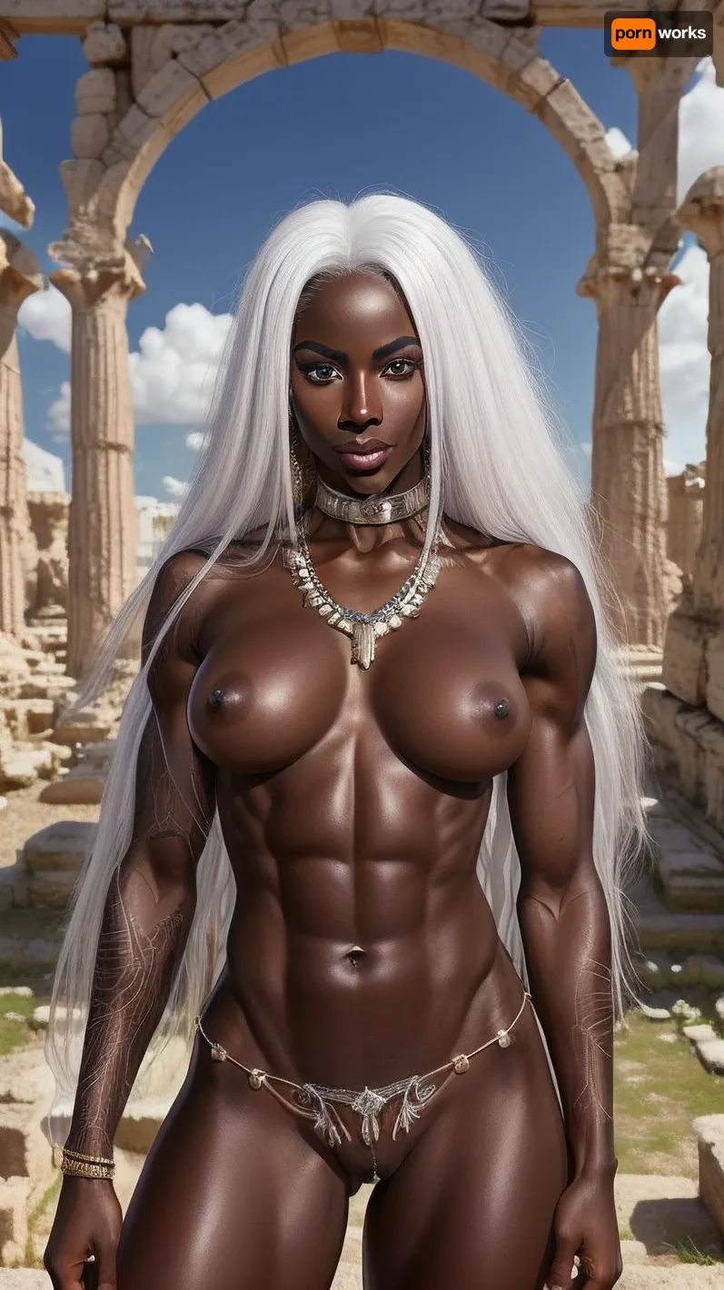 African woman, fully naked, black skin, glossy skin, ebon skin, a hyper realistic ultra detailed photograph, muscular body, abs, long white hair, perfect face, perfect nose, full lips, white tattoos, leonsio, violet eyes, detailed gorgeous face, greek ruins in background, exquisite detail, thighs, smirking lips, full body view