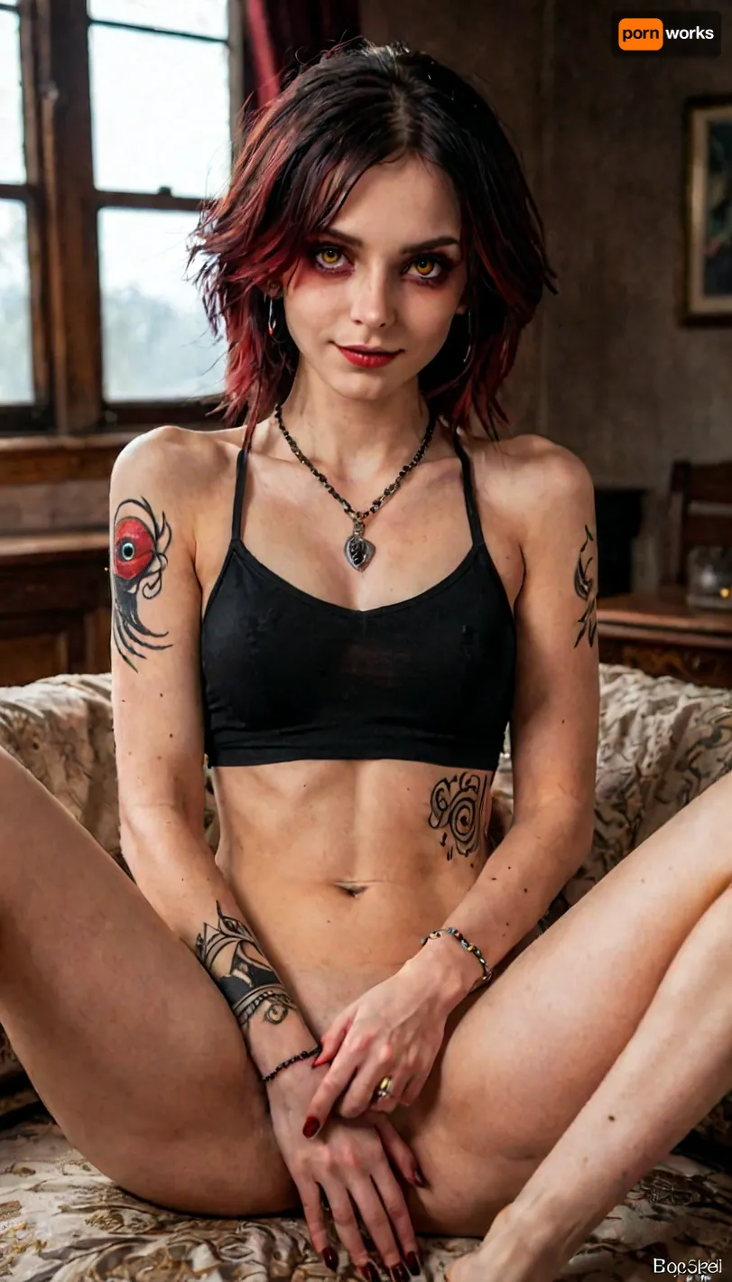 (dark fantasy style:1.4), (epic mysterious scene:1.2), young slender beautiful witch girl 25 years old, skinny, (thin waist:1.2), long tangled white hair, (girl with a evil smile looks at the camera:1.2), (long cloak with hood:1.2), (bone jewelry:1.4), (bloody makeup), (burning red eyes:1.5), (magical energy in the girl's hand:1.5), (dark swamp in the background), (darkness:1.5), fog, mist, (colorful magic light:1.3), (no bra, nude breas, small tits, tits on view), full body view, bare feet, legs and feet on view, perfect feet, (thin blac panties), black nails, perfect fingers