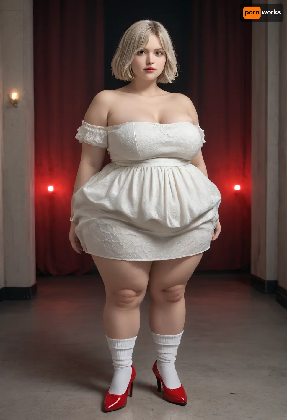 Fat, obese, cellulite, loose, sixty-year-old platinum blonde in a short, tight dress, white knee socks and red heels