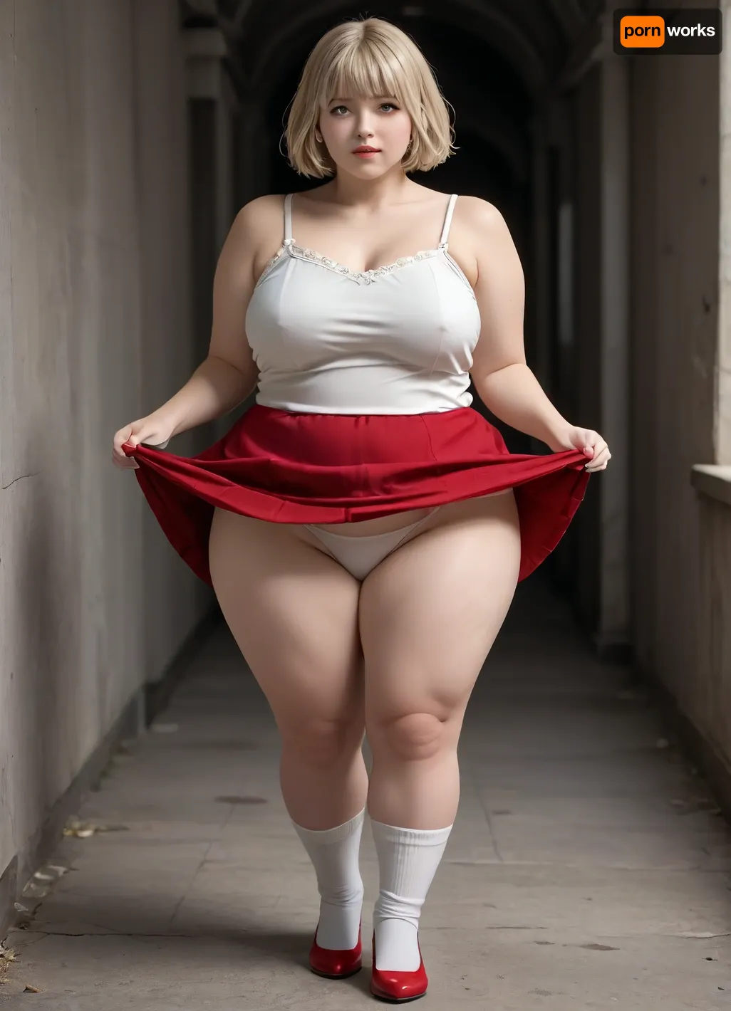 Fat, obese, cellulite, loose, sixty-year-old platinum blonde in a short, tight dress, white knee socks and red heels, skirt lifting, skirtlift, <lora:skirtlift_xl:.5>