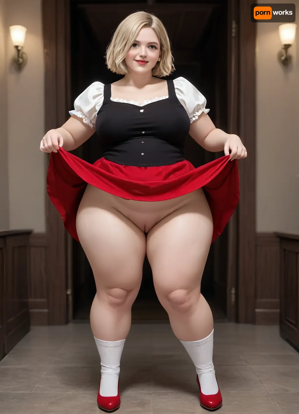 Fat, obese, cellulite, loose, sixty-year-old platinum blonde in a short, tight dress, white knee socks and red heels, skirt lifting, skirtlift, <lora:skirtlift_xl:.5>