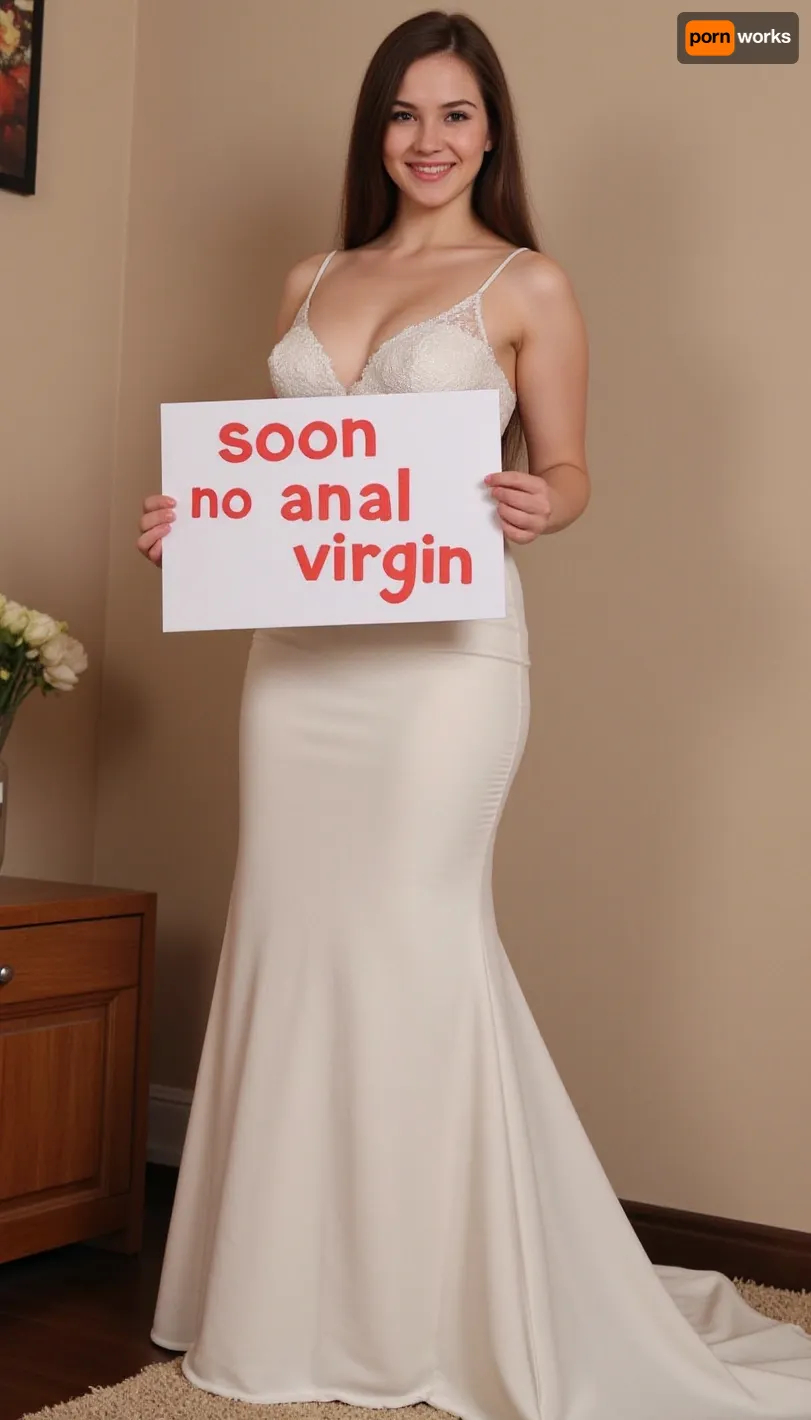A 30 year old, (slim slender), brown hair, sexy wedding dress, smiling, full body, With a sign printed in large letters "soon no anal virgin"