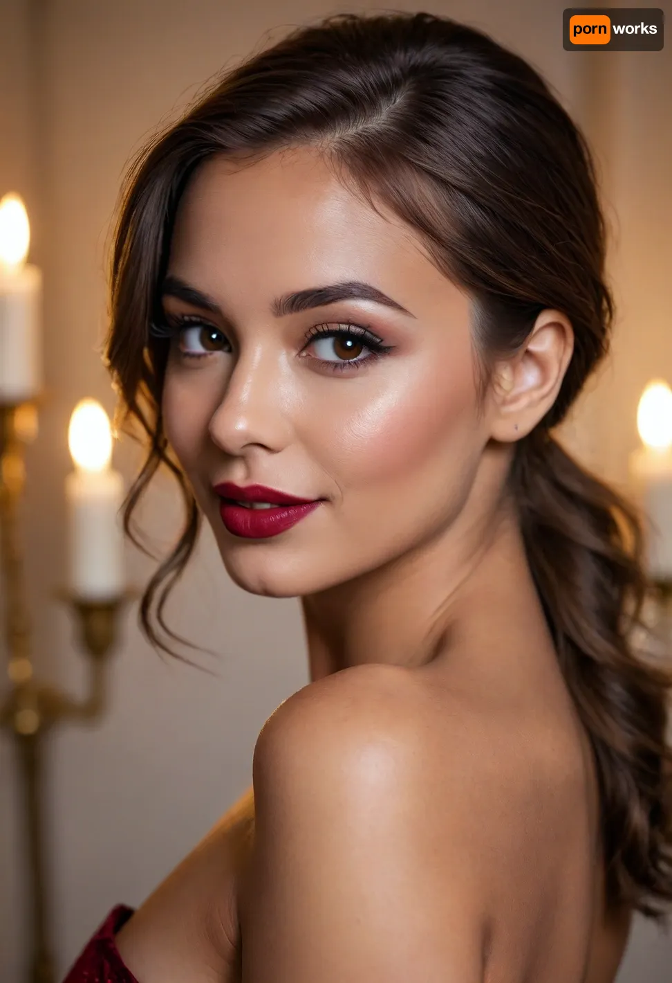 20 year old brown haired woman side eyeing camera, looking over her shoulder, deeply tanned brown skin, smiling, happy, seductive, back to camera, full dark red lips, prominent cupids bow lips, shiny lipgloss, hair loose, (eyeliner, winged eyeliner, dark eyeshadow), makeup, nude, (candlelight)