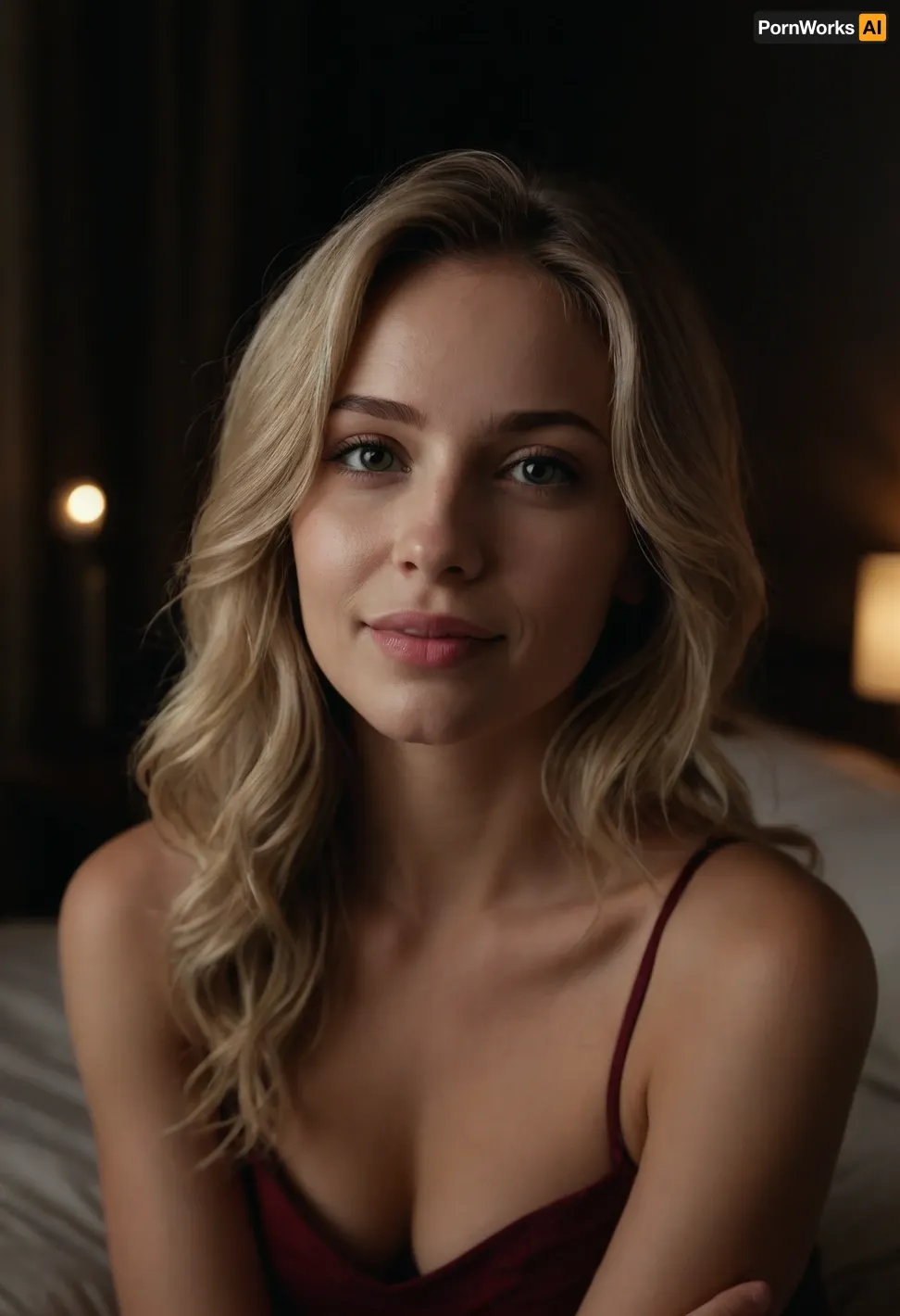 , (beautiful 30 year old girlfriend:1.3), (shot on an iphone:1.3), night time dark room, lights off, moody lighting, (cozy bedroom, comfy bed:1.4), (shy smile, loving expression), (amateur photo, candid photo), (shoulder length ashen blonde hair styled in textured waves dark undertones:1.4), come hither, (chiaroscuro lighting:1), ZipRealism, <lora:dark:1.4>, <lora:sunnyrayyxo_v1_SDXLBase:1.2>, 1990sanalogphoto, <lora:1990sAnalogStyle:.9>
