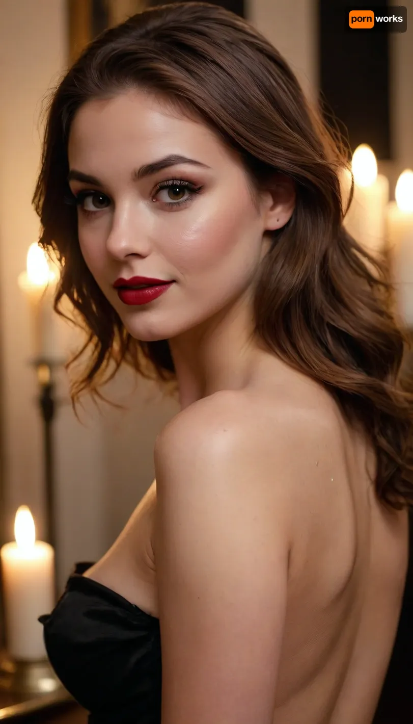 20 year old brown haired woman side eyeing camera, looking over her shoulder, smiling, happy, seductive, back to camera, full dark red lips, prominent cupids bow lips, shiny lipgloss, hair loose, (eyeliner, winged eyeliner, dark eyeshadow), makeup, nude, (candlelight)