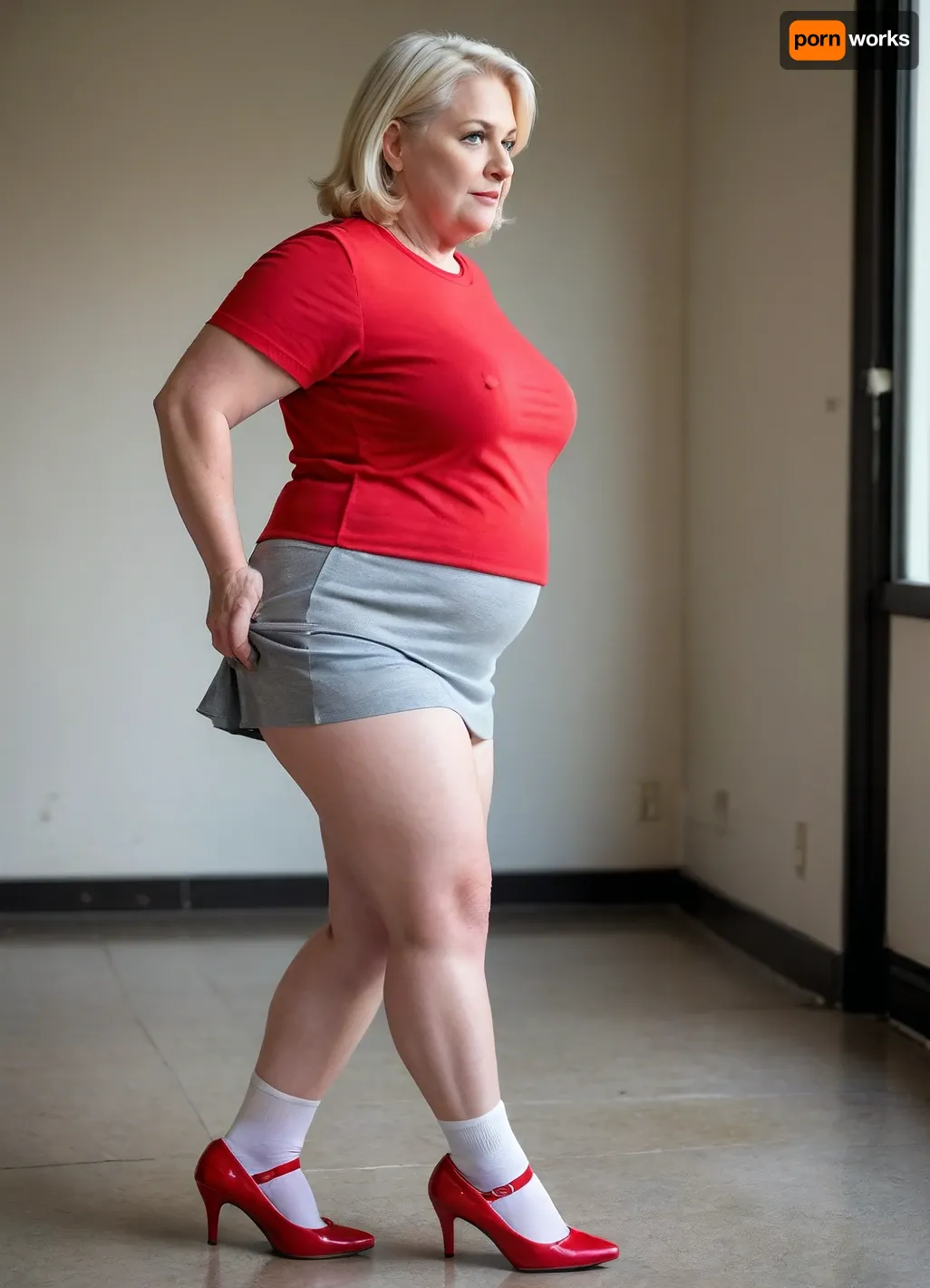 Fat, obese, cellulite, loose, sixty-year-old platinum blonde in a short t-shirt, white knee socks and red heels, skirt lifting, skirtlift, side view, no panty, <lora:skirtlift_xl:.5>