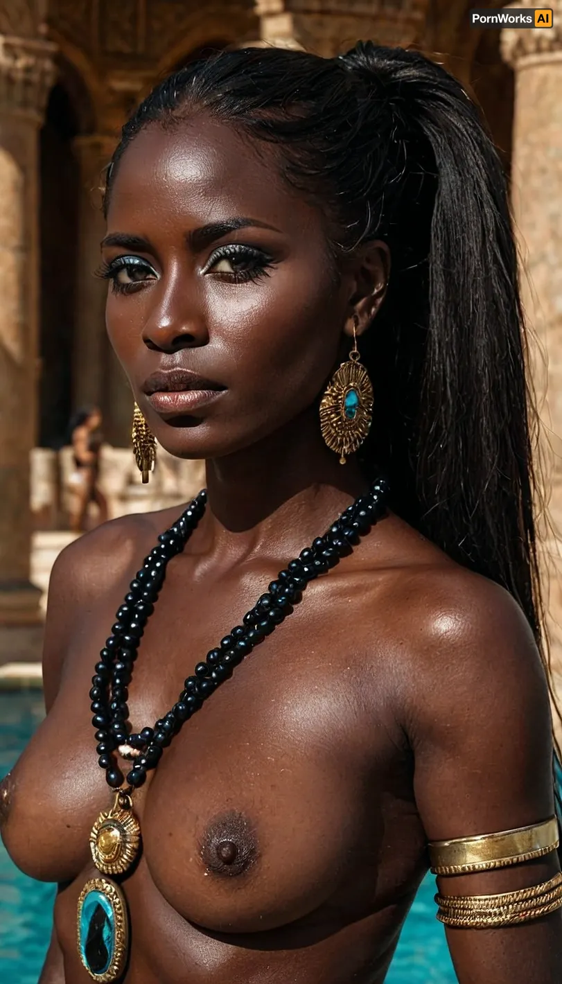 Ultrarealistic Photography, high-resolution, photorealistic image, 8k, wallpaper, full view, one woman, (very dark black skin:1.5), (one serious dominant naked ebony very dark skinned nubian goddess, 55 years old, open blue eyes, long ponytail, long necklace, jewels and rings), huge antic marble pool in an egyptian palace, flat, chested, <lora:flat_chested_v3.5:.01>