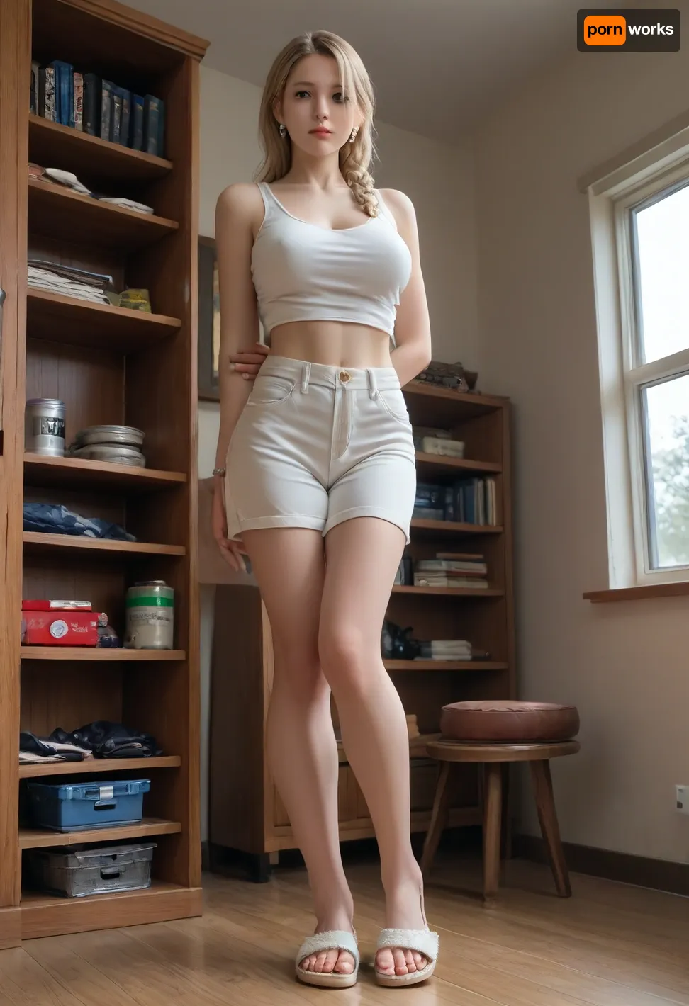 ((An insanely hot very busty blonde housewife taking a can of beans from the top shelf in a tiny dark pantry)), ((enormous huge gigantic boobs)), blonde braided hair, pearl earrings, ((extremely skinny)), very tight tank top, miniskirt, slippers, view from below