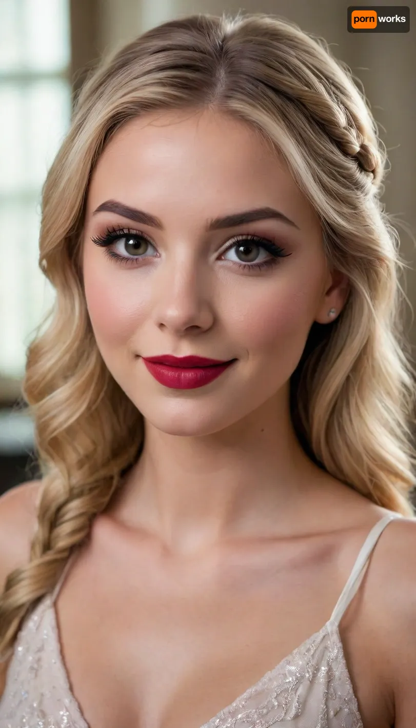 beautiful 20 year old women with blonde hair, dark brown eyes, smiling brightly, round face, eye contact, makeup, (winged eye liner:1.3), blush, shiny foundation, shiny dark red lip gloss, long hair in elegant cascade with braid, breasts out, <lora:princess_xl_v2:.1>