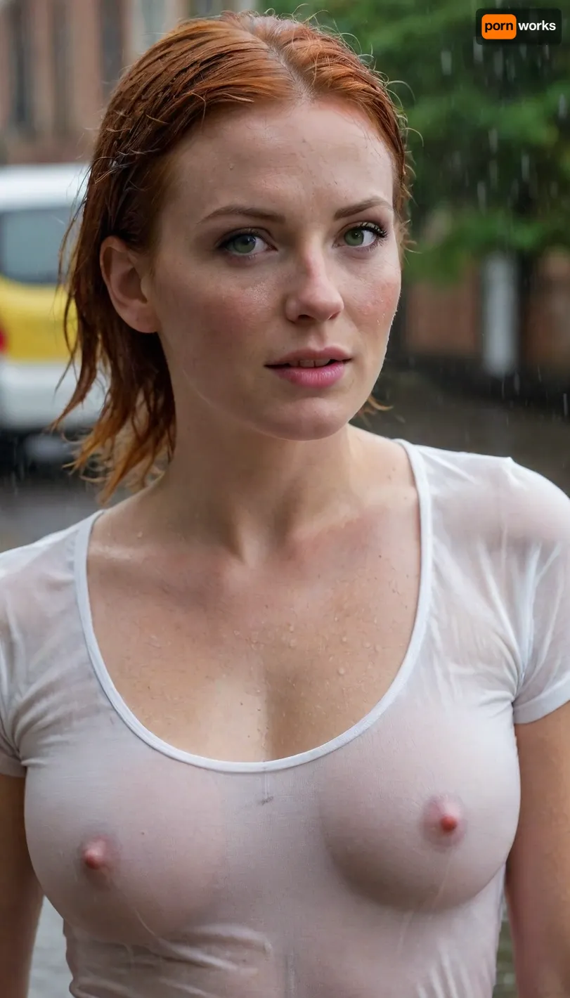 Blissful 30-year-old Irish woman, walking alone in the rain, raindrops splashing on her face, with short fiery red hair, drenched and slicked back from the rain, strong wide jaw, defined cheekbones, freckled nose, subtle freckles and vellus hairs, expressive mischievous green eyes, lips slightly parted, eyes closed in ecstasy, hair wet and wild, wearing a flowing white t-shirt, coffee to go, autumn colors, dreamy atmosphere, cinematic lighting, focus on woman's breasts, rain-streaked window reflection, urban setting, 8k, w3t, wet, tshirt, <lora:w3t_SDXL:.5>