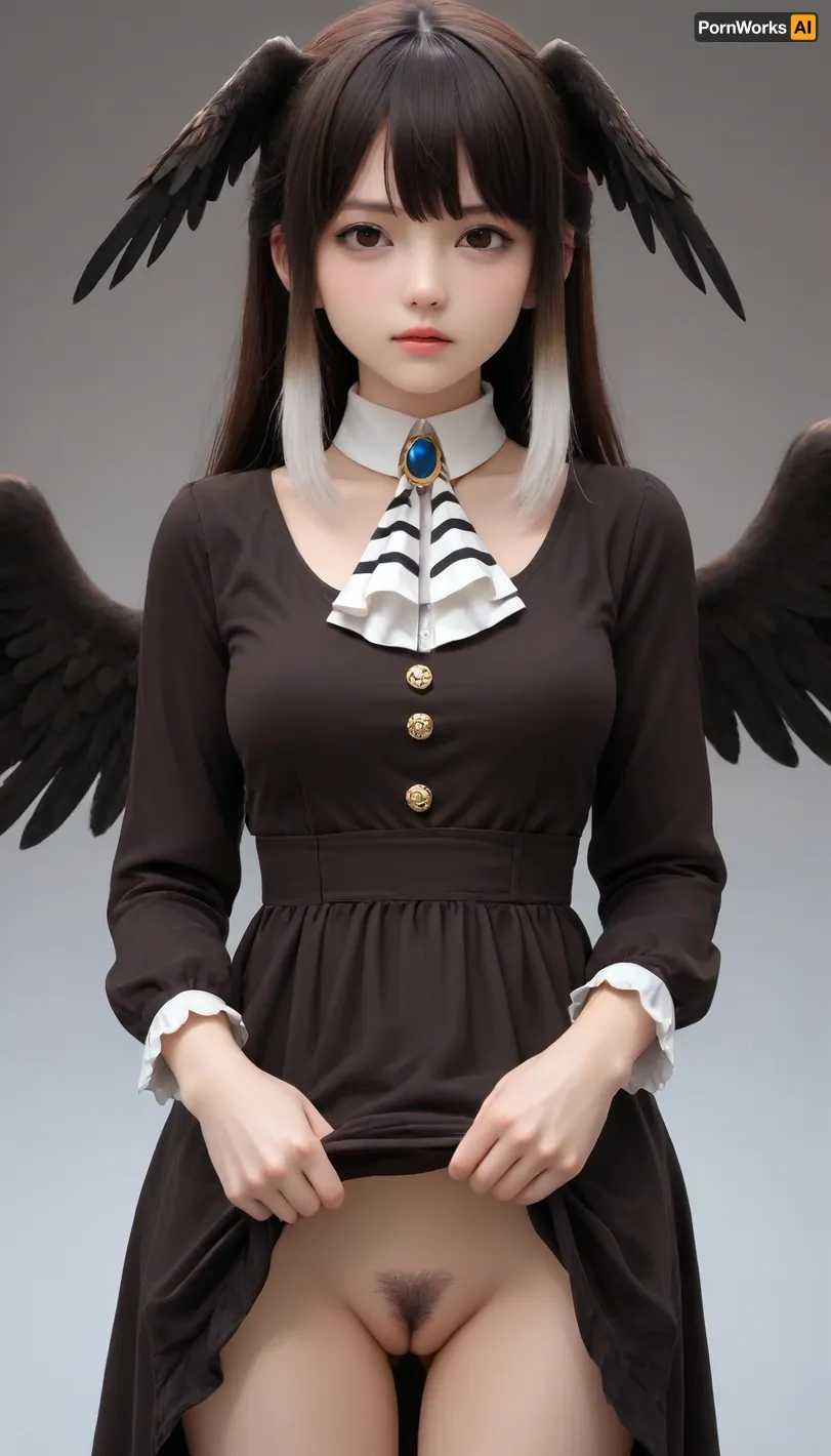 striated caracara, (kemono friends), 1girl, breasts, brown eyes, brown hair, dress, long hair, looking at viewer, medium breasts, solo, black hair, no panties, wings, clothes lift, long sleeves, very long hair, parted lips, navel, groin, multicolored hair, cowboy shot, jewelry, white hair, ascot, black dress, pussy, female pubic hair, pubic hair, gradient background, dress lift, cleft of venus, brooch, taut clothes, stomach, head wings, half-closed eyes, shaded face, brown dress, furrowed brow, bird wings, taut dress, disgust, black pubic hair, two-tone dress, striped ascot, medium bangs, lifting own clothes