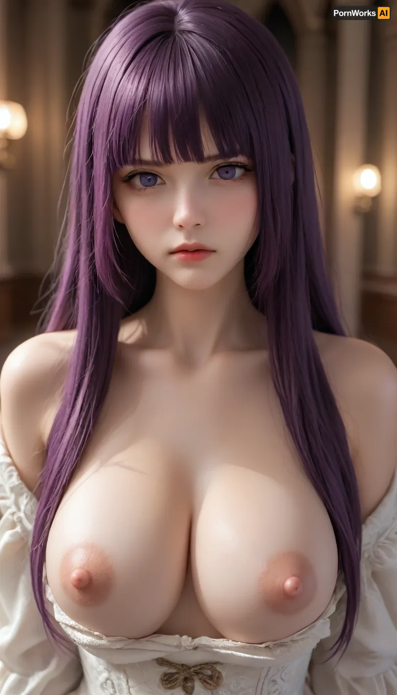 fern, (sousou no frieren), 1girl, breasts, cleavage, long hair, looking at viewer, large breasts, nipples, open mouth, purple hair, collarbone, purple eyes, blunt bangs, sidelocks, annoyed, large areolae, alternate breast size, glaring, huge nipples, shaded face, grimace, furrowed brow, straight hair, disgust, anger