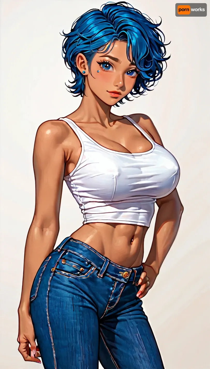 1girl, (latina, brown skin, blue hair, pixie hair, giant breasts, athletlic body, wearing a tank top and jeans), (very detailed faces:1.2), (teardrops detailed giant breasts), (white background), (posing:2), 4ng3l, face, linkie, <lora:SDXL_BetterFaces-LoRA_v1:1.5>