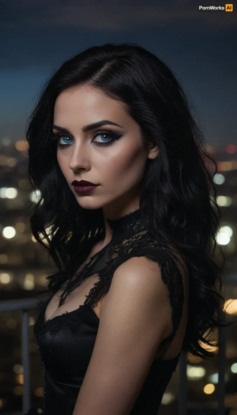 (A stunning portrait featuring a breathtaking goth girl posing on a penthouse balcony overlooking a panoramic city skyline at night), , (long wavy raven black hair cut with stylish textures and vibrant undertones), (sultry expression, confident, intense expression, expressive face), (blue eyes, chiselled cheekbones, strong jawline, defined jawline, elegant neck), (goth makeup, eye shadow, mascara, heavy mascara, winged eyeliner), ZipRealism