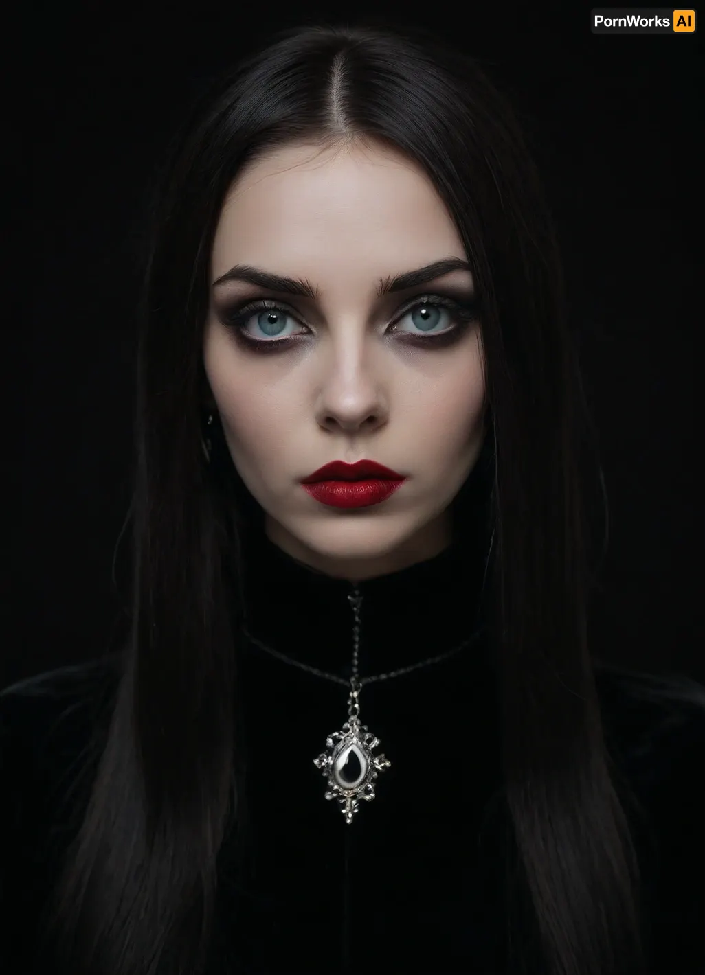 (An enrapturing portrait of an stunningly beautiful goth girl silhouetted against a black velvety backdrop:1.4), , (focus on eyes, intense expression, unnerving, eerie, inescapable eye contact, straight on view, leaning in, demanding presence:1.5), (long straight raven black hair), (soulless pale blue eyes, pale creamy porcelain skin, intense eye contact, chiselled cheekbones, strong jawline, defined jawline, elegant neck), (goth makeup, eye shadow, mascara, heavy mascara, winged eyeliner, long eyelashes, immaculate eyebrows, blood red lipstick, wet lip look), (her predatory smirk hints at the deadly fangs hidden beneath her glistening lips), ZipRealism