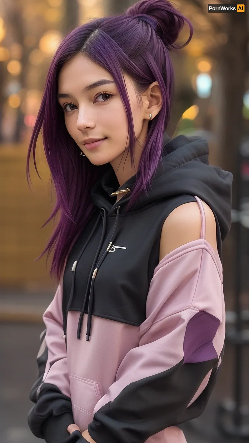 105000000100057.0, score_9_up, score_8_up, score_7_up, score_6_up, abstract, 1girl, solo, 25 years old, perfect face, close view, (adult), sexy, dark purple hair, spiked hair, ear piercing, spiked collar, black hoodie, winter, blush, shy smile, portrait, face focus, depth of field, looking at viewer