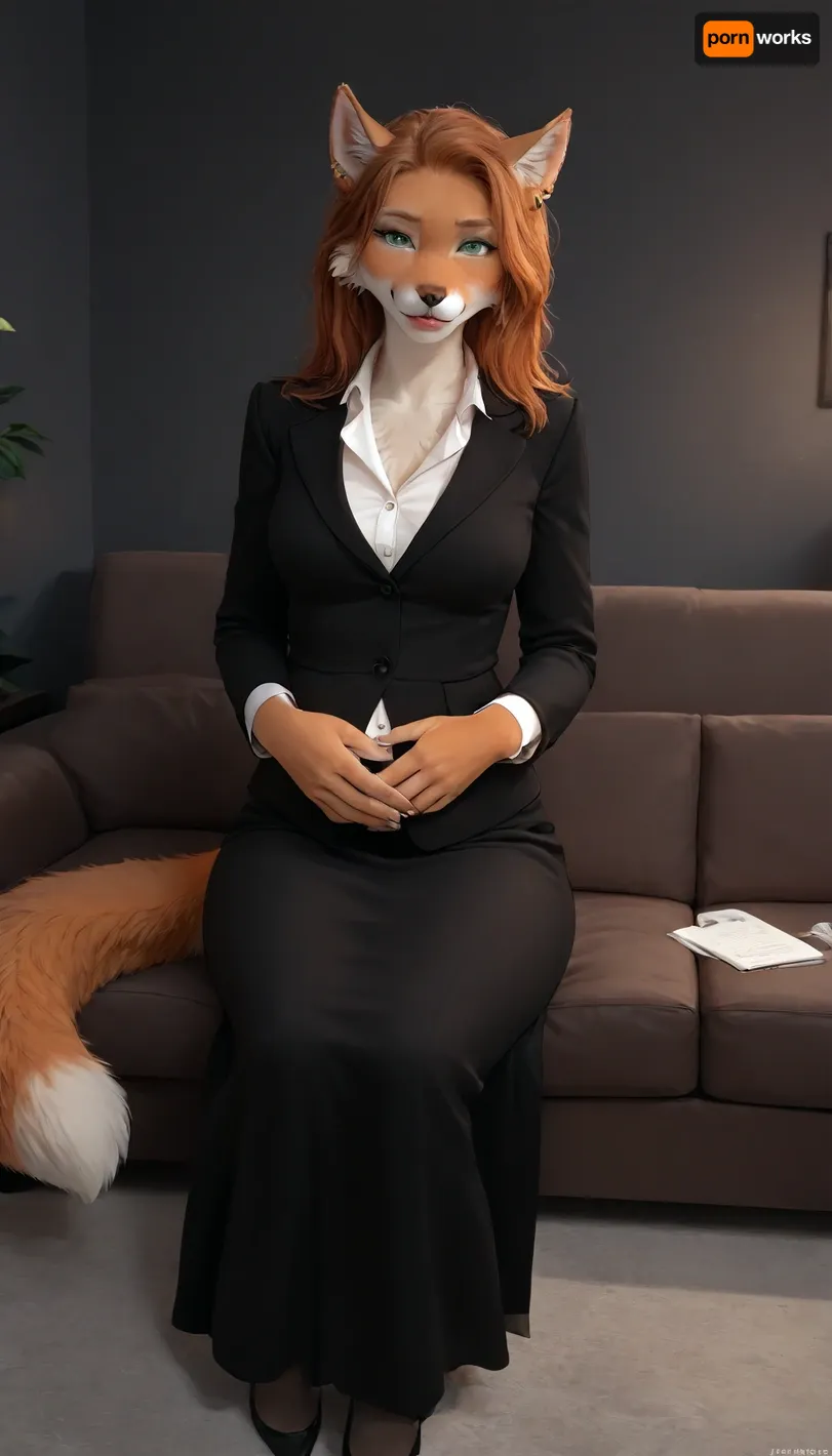 furry anthro female, furry anthro fox girl, furry female, furry anthro, furry body, bright fur, furrysdxl, furry anthro girl is a sexy secretary, smiling, green eyes, makeup, long ginger hair, ear piercing, nose piercing, tongue piercing, sitting on the big couch, looking at viewer, fully clothed female, clothed female, shirt, skirt, long skirt, black pantyhose, pantyhose, secretary suit, large breasts, narrow waist, large hips, large thighs, wide hips, big hips, thick thighs, big round ass, large ass, curvy woman, digital artwork, masterpiece, room with ambient neon light, pregnant, she gently stroking her pregnant belly, TomFischbeck, incase, style, <lora:TomFischbeck:1.2>, <lora:287175_training_data:.7>
