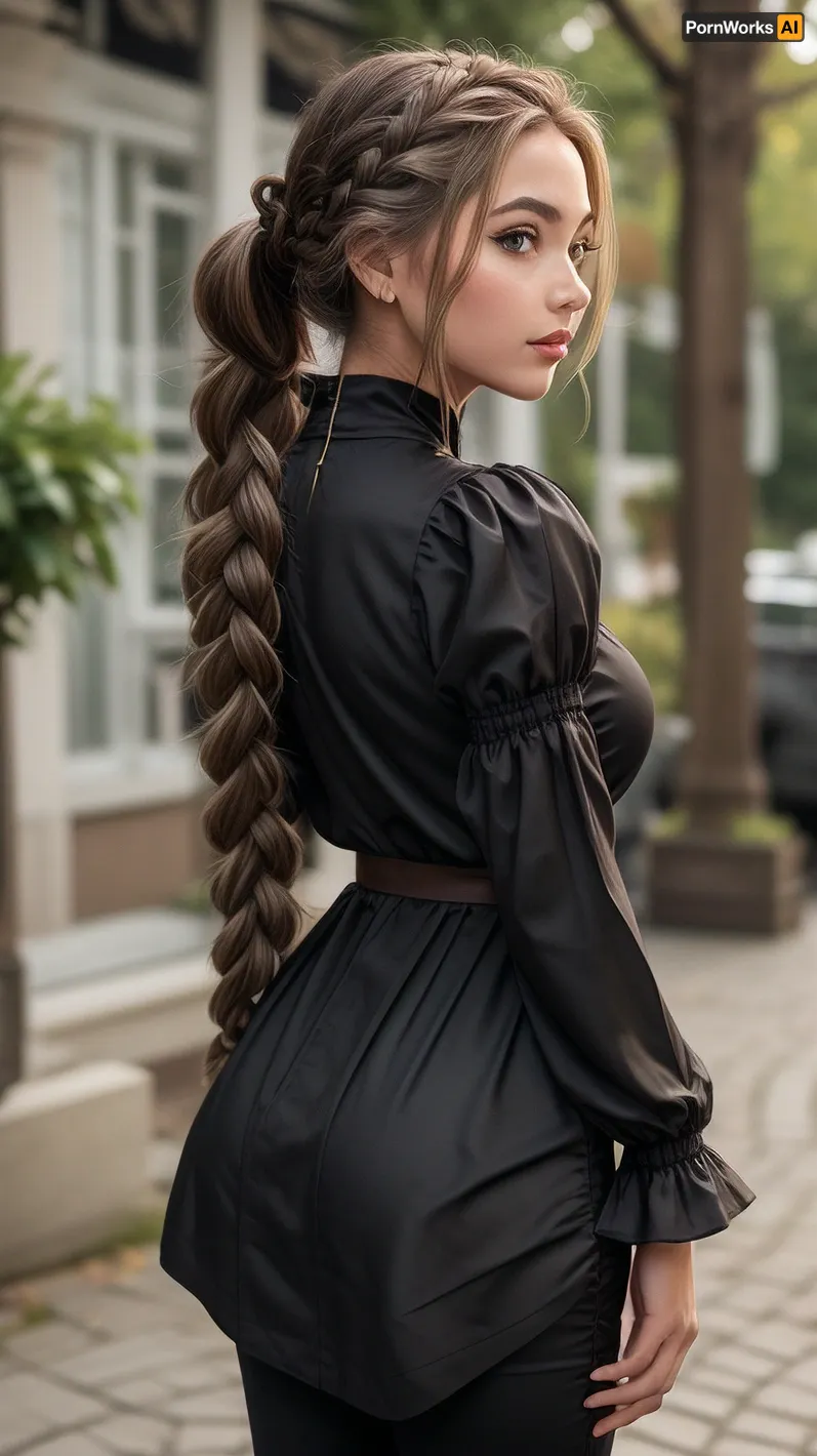 105000000100081.0, high detailed texture, photograph, realistic, 1girl, solo, long hair, breasts, brown eyes, looking at viewer, blush, large breasts, long sleeves, black dress, black pants, ass, braid, white hair, parted lips, puffy sleeves, looking back, from behind, hair over one eye, clothing cutout, back, juliet sleeves, braided ponytail, huge ass, back cutout