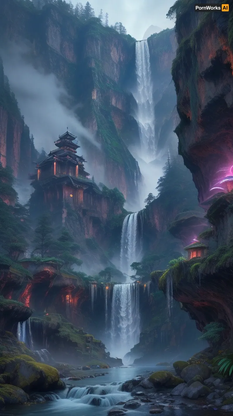 105000000100078.0, masterpiece, (best quality:1.2), magnificent, maximum details, extremely hyper aesthetic ancient sacred waterfall with mystical energy and glowing mist dream scenery art, landscape