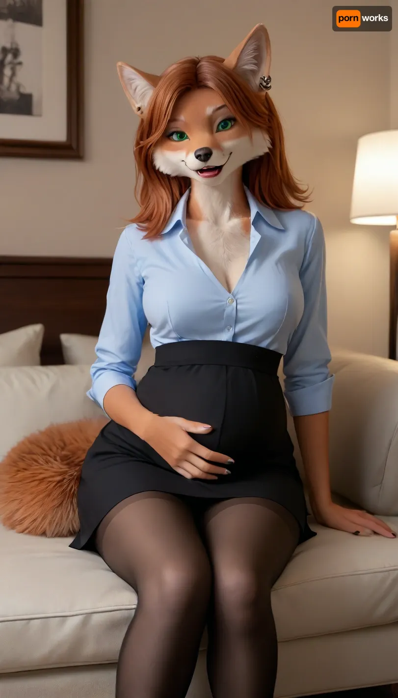 furry anthro female, furry anthro fox girl, furry female, furry anthro, furry body, bright fur, furrysdxl, furry anthro girl is a sexy secretary, smiling, green eyes, makeup, long ginger hair, ear piercing, nose piercing, tongue piercing, sitting on the big couch, looking at viewer, fully clothed female, clothed female, shirt, skirt, long skirt, black pantyhose, pantyhose, secretary suit, large breasts, narrow waist, large hips, large thighs, wide hips, big hips, thick thighs, big round ass, large ass, curvy woman, digital artwork, masterpiece, room with ambient neon light, pregnancy, pregnant furry anthro girl, pregnant, she gently stroking her pregnant belly, <lora:early621-000002:1.6>