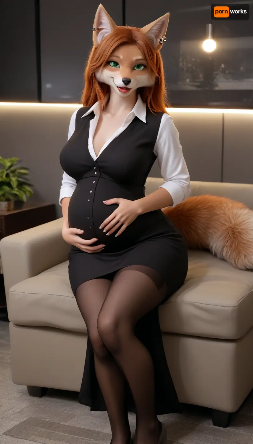 furry anthro female, furry anthro fox girl, furry female, furry anthro, furry body, bright fur, furrysdxl, furry anthro girl is a sexy secretary, smiling, green eyes, makeup, long ginger hair, ear piercing, nose piercing, tongue piercing, sitting on the big couch, looking at viewer, fully clothed female, clothed female, shirt, skirt, long skirt, black pantyhose, pantyhose, secretary suit, large breasts, narrow waist, large hips, large thighs, wide hips, big hips, thick thighs, big round ass, large ass, curvy woman, digital artwork, masterpiece, room with ambient neon light, pregnancy, pregnant furry anthro girl, pregnant, she gently stroking her pregnant belly, <lora:early621-000002:1.6>