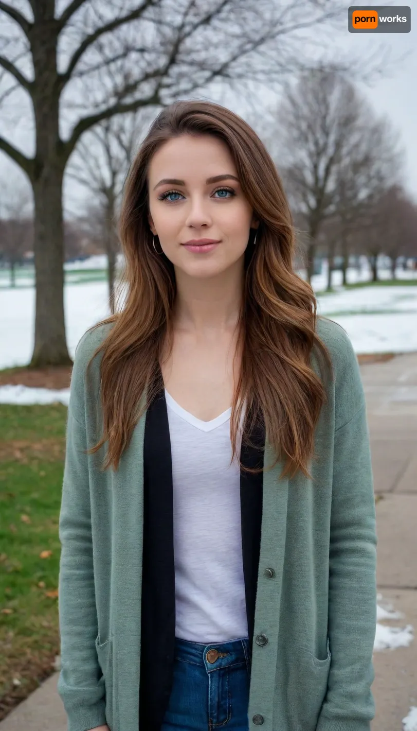 woman, green eyes, makeup, brown hair, long hair, earrings, grey cardigan, black shirt, jeans, looking at viewer, smiling, standing, outside, park, trees, snow, city, blue sky