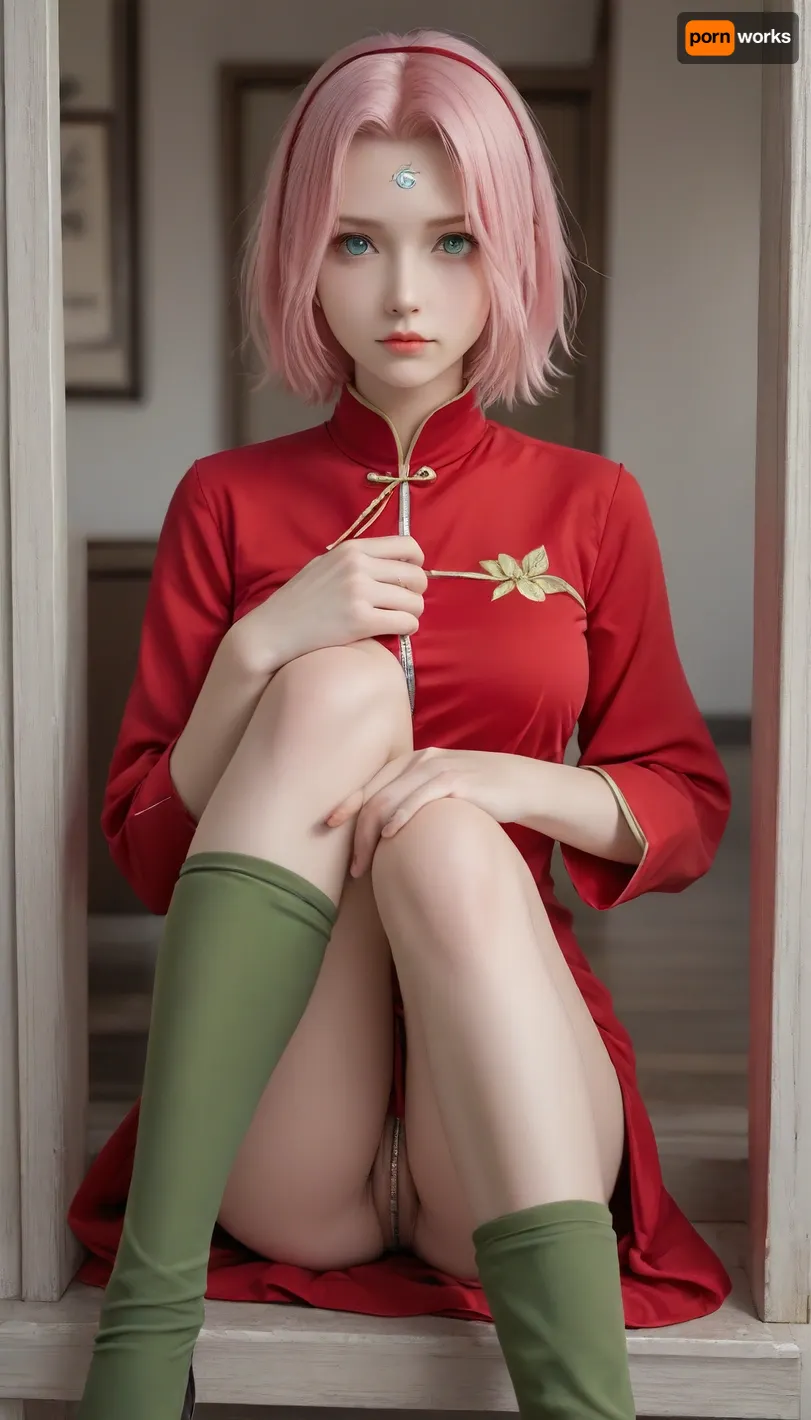 (sakura haruno "naruto"), short pale pink hair, large light green eyes, large forehead, thin lips, large breasts and very light skin. Konohagakure protector on a headband, naked, dressed in green leggings above the knees and a red qipao dress, covering only the knees, with a zipper, with short petal sleeves with white, slits on the sides of the hem, white outlines and symbols of rings of the same color, one each, on the back and sleeves.full growth photorealism