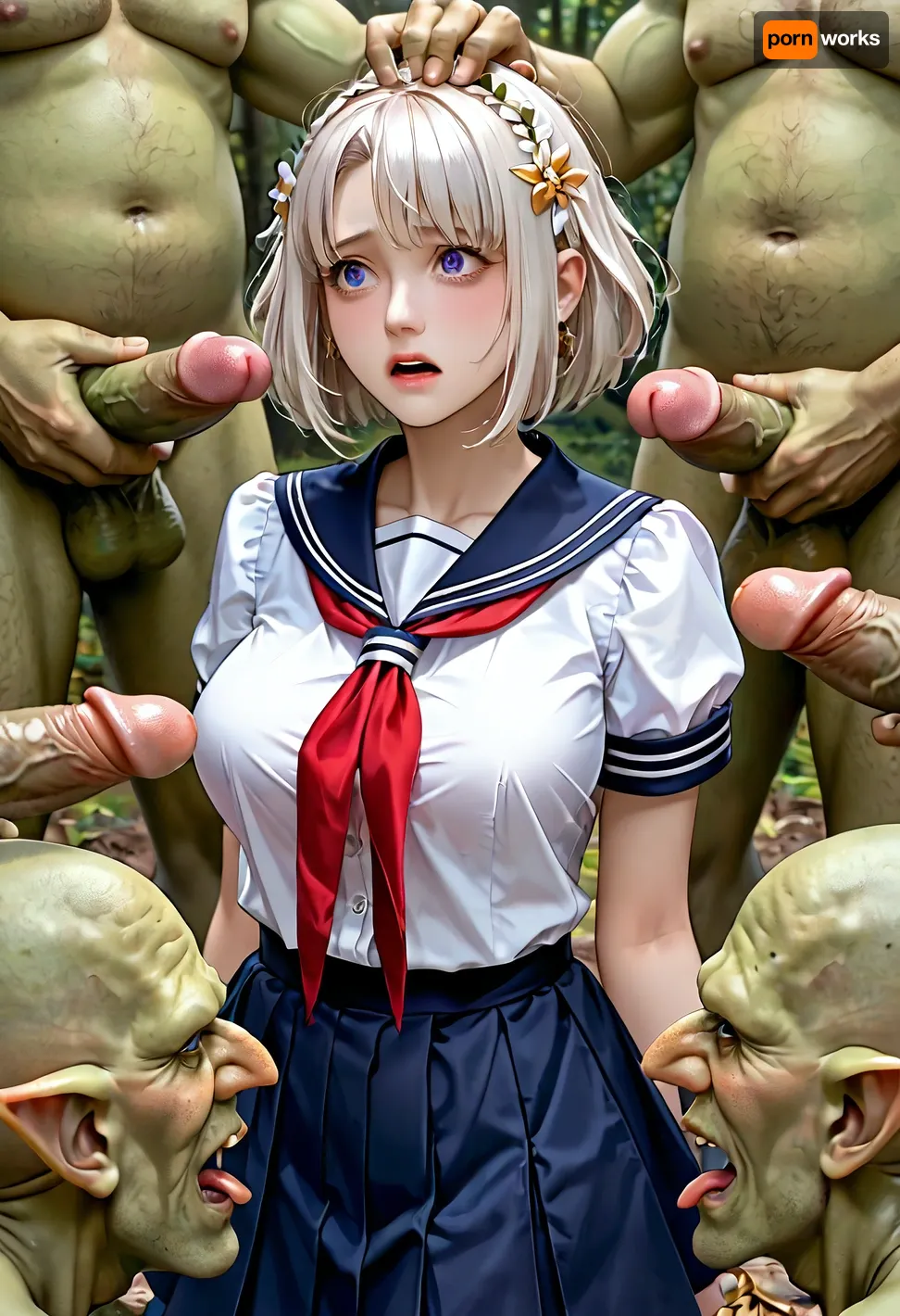 best quality, Amazing, finely detail, extremely detailed CG unity 8k wallpaper, 1girl, goblin gangbang, multiple boys, school uniform, standing, large breasts, scared, white hair, ultra-detailed, unity 8k wallpaper, game cg, goblin, gangbang, multiple, boys