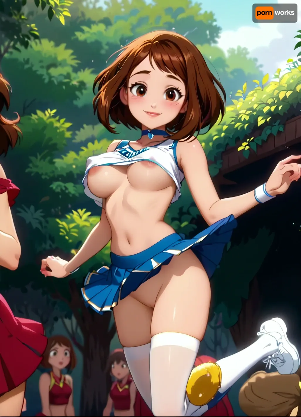 uraraka ochako, 1girl, brown hair, eyes, short, blush, cheerleader, crop top, choker, white stockings, no panties, (areolae slip, underboob), no bra, smile, jumping, dynamic pose, (((skirt lift, top lift))), ((anime screencap, 2d)), <lora:OchakoIllus:1>, <lora:princess_xl_v2:1.7>