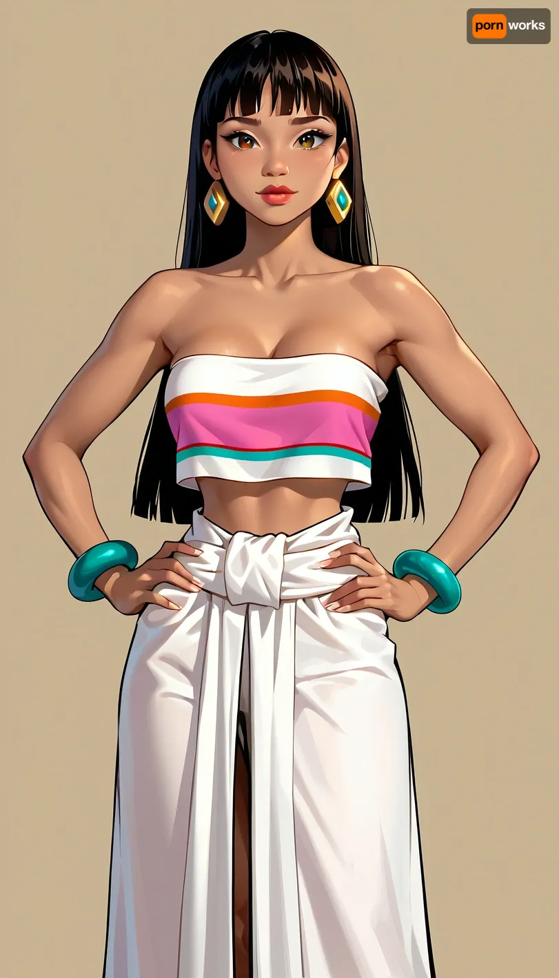 (Chel from The Road To El Dorado), brown skin, 3/4 body view, perfect body, very detailed face, wide shot, (teardrops detailed giant breast), (simple background), (hands on hips:1.5), 4ng3l, face, <lora:SDXL_BetterFaces-LoRA_v1:1.8>