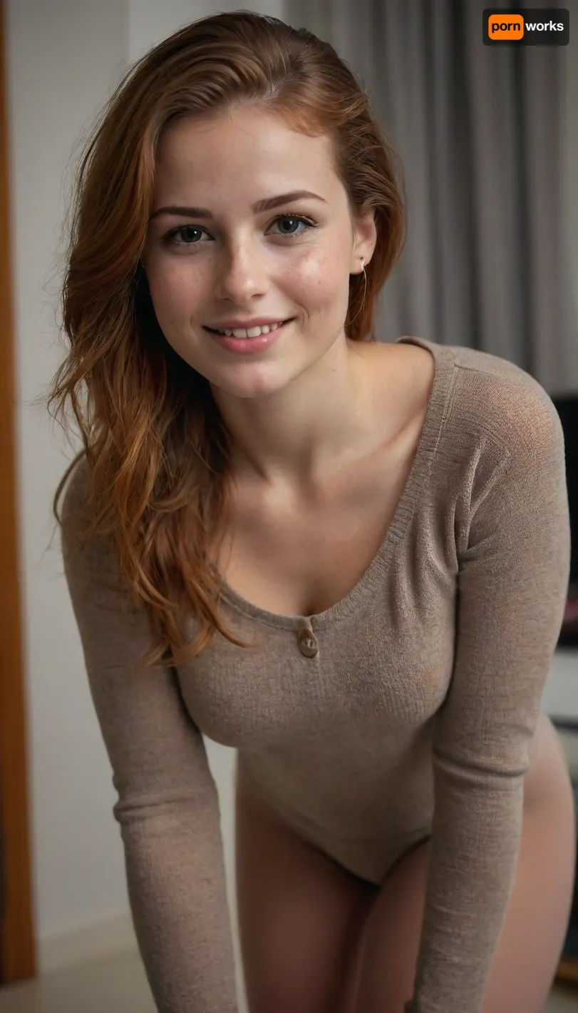 full portrait of woman, ((Little Caprice European princess of 18 years old)), ginger hair, fair skin, (ginger hair:1.2), ((gymnast body)), cheeky smile, ((high detailed skin)), high quality, detailed skin texture, (highly detailed hair), ((skinny body)), ((slim body)), (realistic), soft focus, insanely detailed, highest quality, ((beautiful sweater and leggins)), (wide hips), chocker on neck, ((ring earrings)), S251_LoveniaLux, leggins, ((submissive)), ((lovely)), (((in very sexual erotic pose))), brown short hair, short ponytail, full body, (((full body view))), (((high detailed legs))), (((high detailed fingers))), ((very much want have sex)), ((high detailed pores on skin)), well-build body, medium tits, small lips, lots of freckles face and skin, blush on the checks and nose, (raised nasal tip, upturned button nose, upturned nose, delicate nose, nose), hypnotized loving grey eyes, brown wild wet hair with sidelocks, very sexy smile