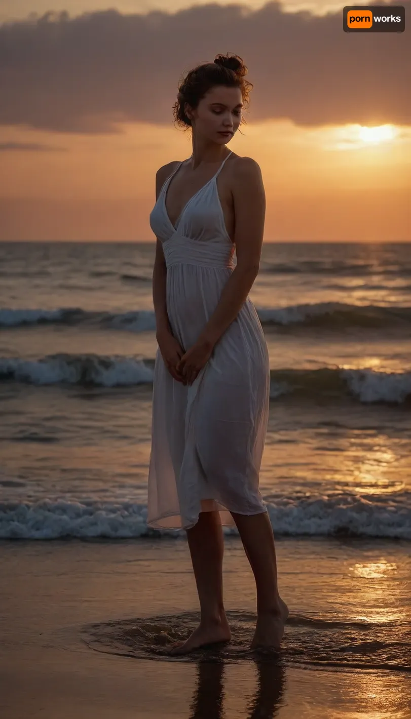 A solitary woman standing at the water's edge, where the sea meets the shore under the soft, muted light of a late afternoon. She is dressed in a flowing white dress that billows slightly with the salty breeze, her auburn hair swept up in a loose bun that exposes the contour of her neck and the graceful slope of her shoulders. Her bare feet are partially submerged in the gentle waves, as if feeling the rhythmic pulse of the ocean's heartbeat beneath her. Her gaze is distant and introspective, eyes fixed on the horizon where the sky and sea meld into a seamless canvas of blues and purples. Her arms are crossed in front of her, fingers intertwined, as if capturing the very fabric of her deep thoughts. The setting sun casts a warm, golden glow on the scene, painting her profile in stark relief against the deepening colors of the sea. The waves break around her, creating a frothy dance of white foam that seems to echo the tumult of her inner contemplations. The beach is a tranquil backdrop, with the occasional seagull gliding by, undisturbed by her presence. Her silhouette is framed by the vastness of the water, emphasizing her solitary nature amidst the grandeur of the maritime landscape. The woman's posture and expression suggest a poignant moment of reflection, perhaps pondering over a significant decision or lost in a poetic reverie inspired by the eternal dialogue between land and sea. The image captures the essence of a profound, introspective solitude, a silent conversation between the woman and the ocean that mirrors the intricate dance of thoughts within her, ((submissive)), ((lovely)), (((in very sexual erotic pose))), brown short hair, short ponytail, full body, (((full body view))), (((high detailed legs))), (((high detailed fingers))), ((very much want have sex)), ((high detailed pores on skin)), well-build body, medium tits, small lips, lots of freckles face and skin, blush on the checks and nose, (raised nasal tip, upturned button nose, upturned nose, delicate nose, nose), hypnotized loving grey eyes, brown wild wet hair with sidelocks, very sexy smile