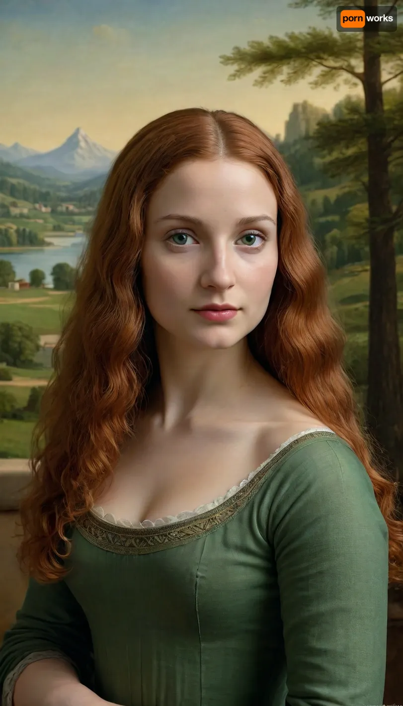 Leonardo da vinci Mona Lisa's painting, she is redhead long curly hair, green eyes, and naked, behind her the same landscape as in the painting of the Mona Lisa
